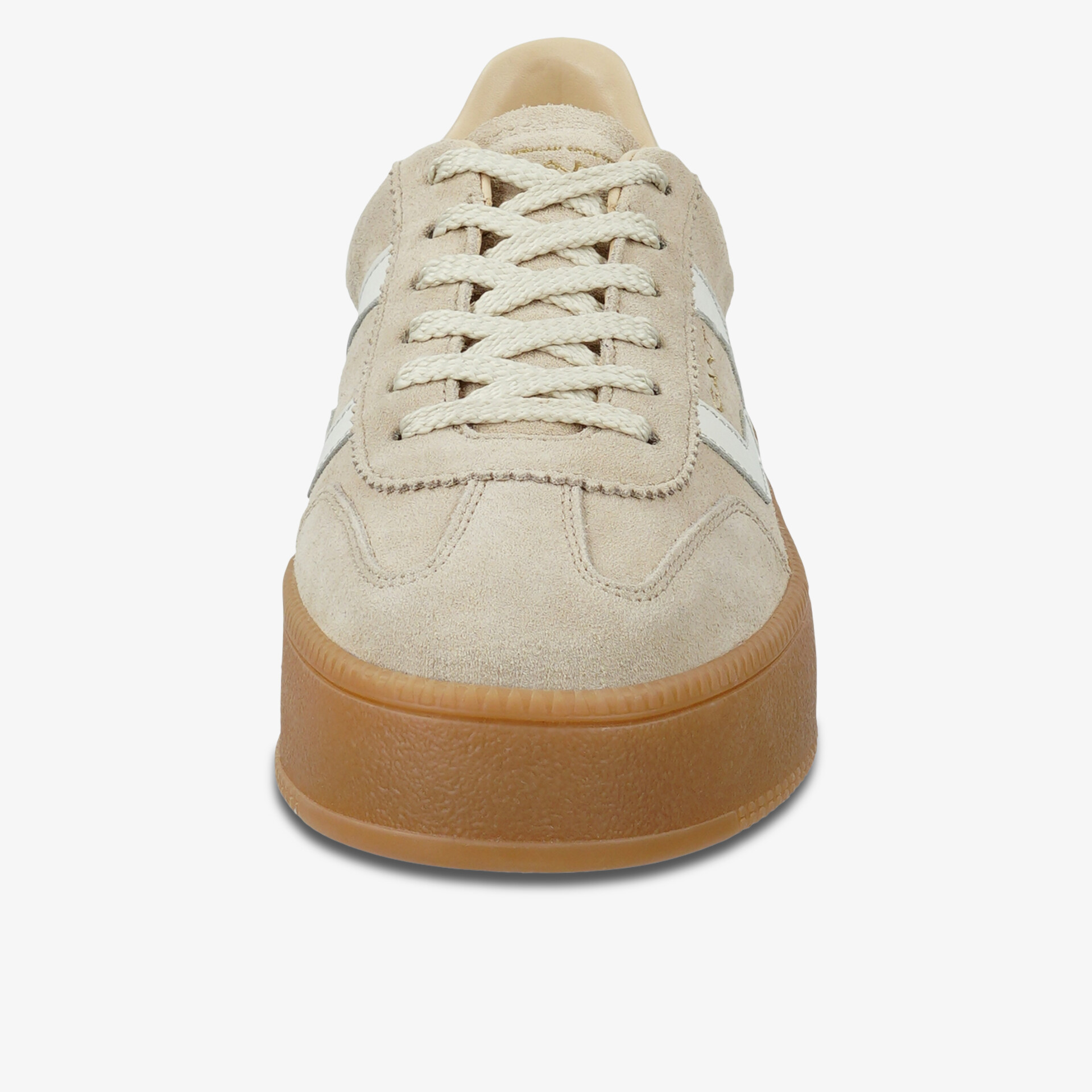 Bequemer Sneaker aus beigem Leder mit robuster Gummisohle und Schnürung.