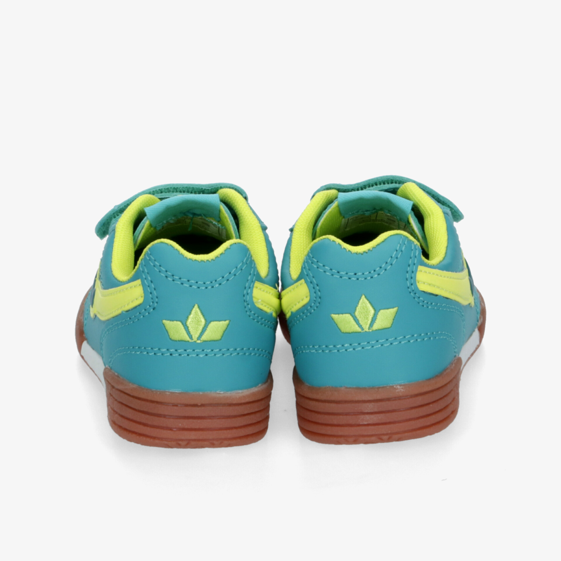 Stylische Sportschuhe in Türkis und Gelb mit stabiler Fersenkappe und brauner rutschfester Sohle, Rückansicht