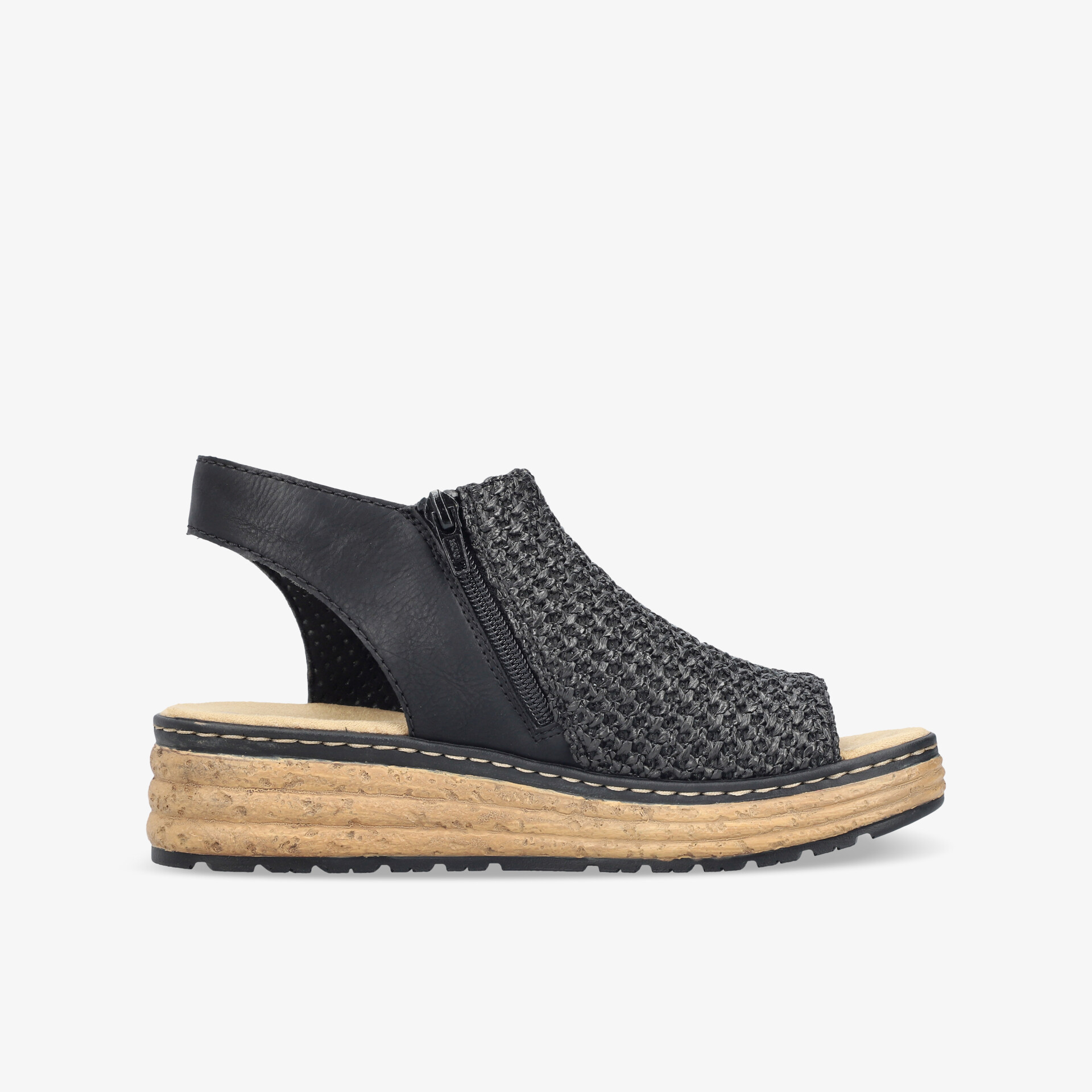 Leichter und bequemer Schuh mit geflochtenem Design, offenem Fersenriemen und rutschfester flexibler Sohle seitlich sichtbar