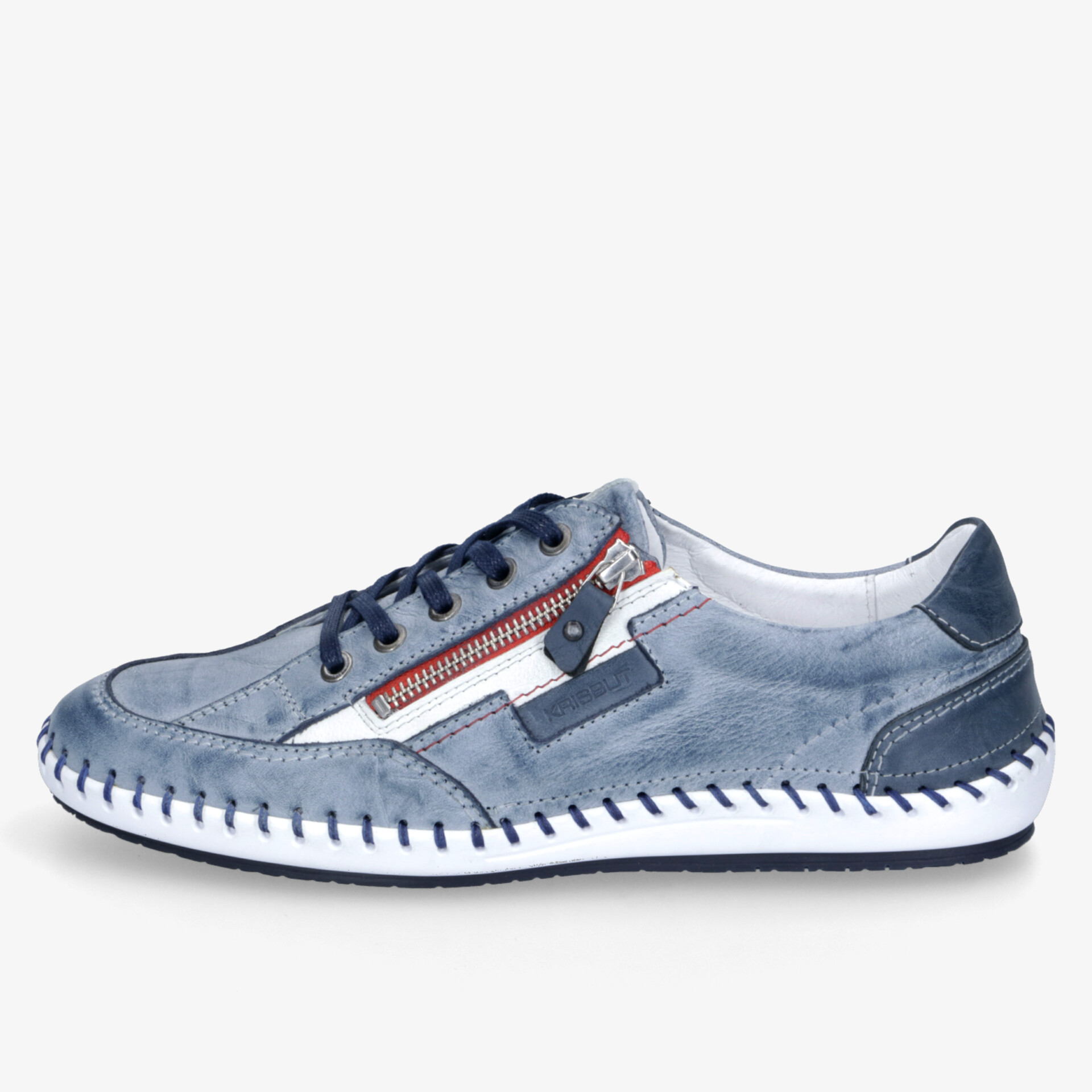 seitliche Ansicht eines blauen Freizeitschuhs mit Reißverschluss, komfortabel und flexibel für täglichen Gebrauch