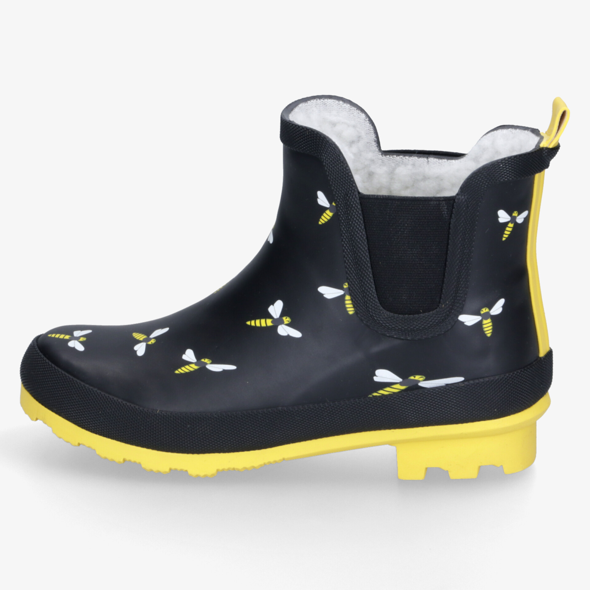 Stilvolle schwarze Gummistiefel mit Bienenmuster und gelber Sohle, ideal für nasses Wetter und Gartenarbeiten.
