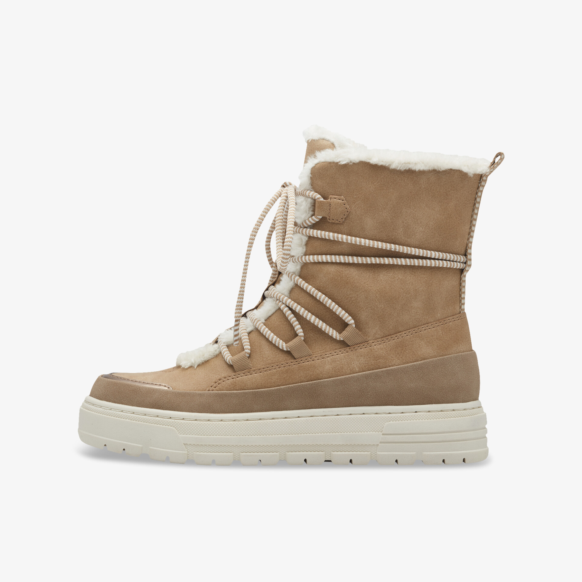 warmer winterstiefel in taupe mit hoher Sohle und weichem Innenfutter, seitliche Ansicht