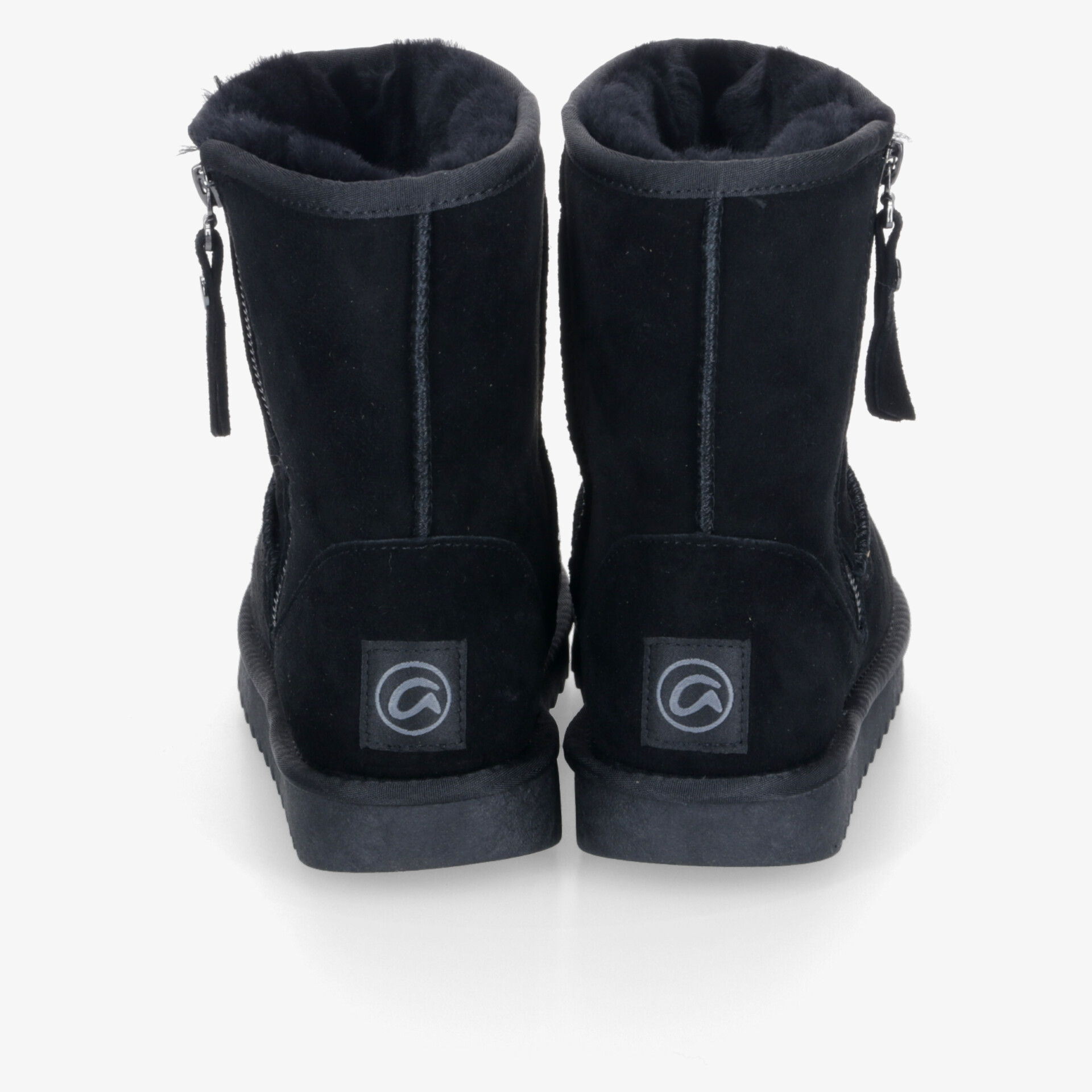 warme, weiche schwarze stiefel mit praktischem reißverschluss und rutschfester sohle, rückansicht