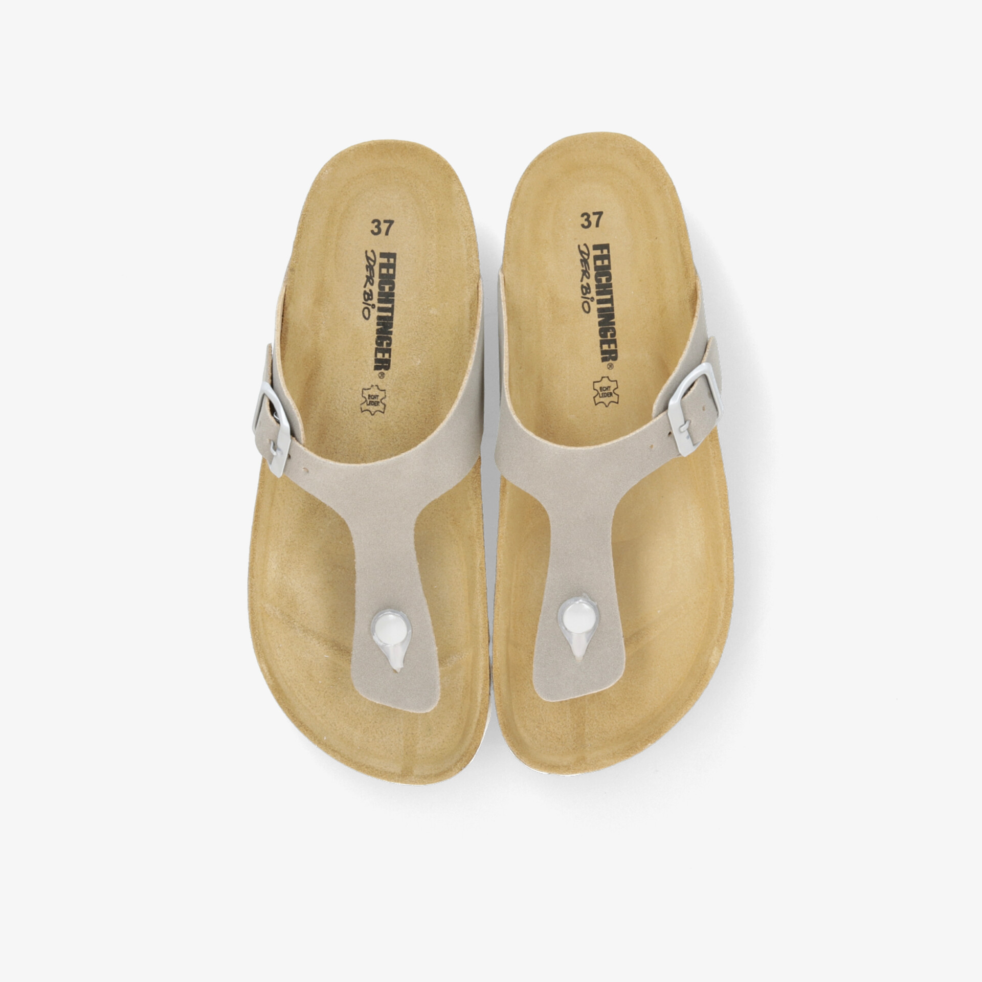 Bequeme offene Sandale mit verstellbarem Riemen und weicher Fußsohle in neutraler Farbe, Draufsicht von oben