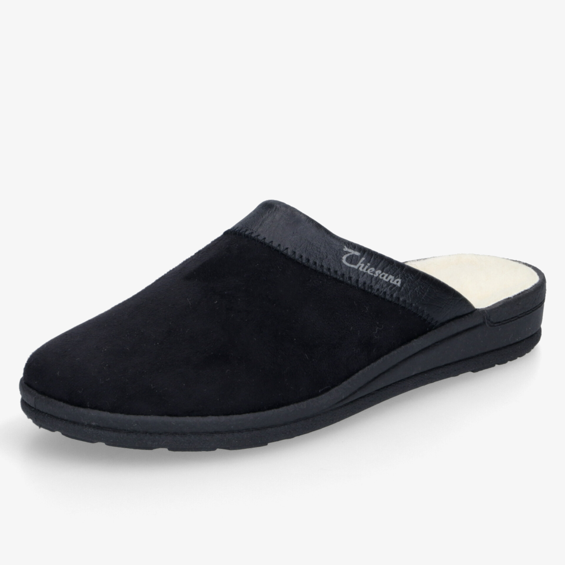 Schwarzer bequemer Hausschuh mit gepolsterter Innensohle und rutschfester Sohle, elegantes einfaches Design
