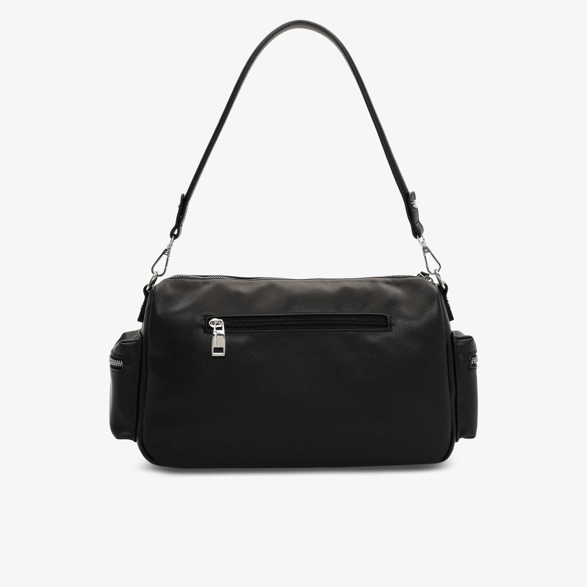 Schwarze Tasche mit Schulterriemen und mehreren Reißverschlüssen, praktisch und geräumig