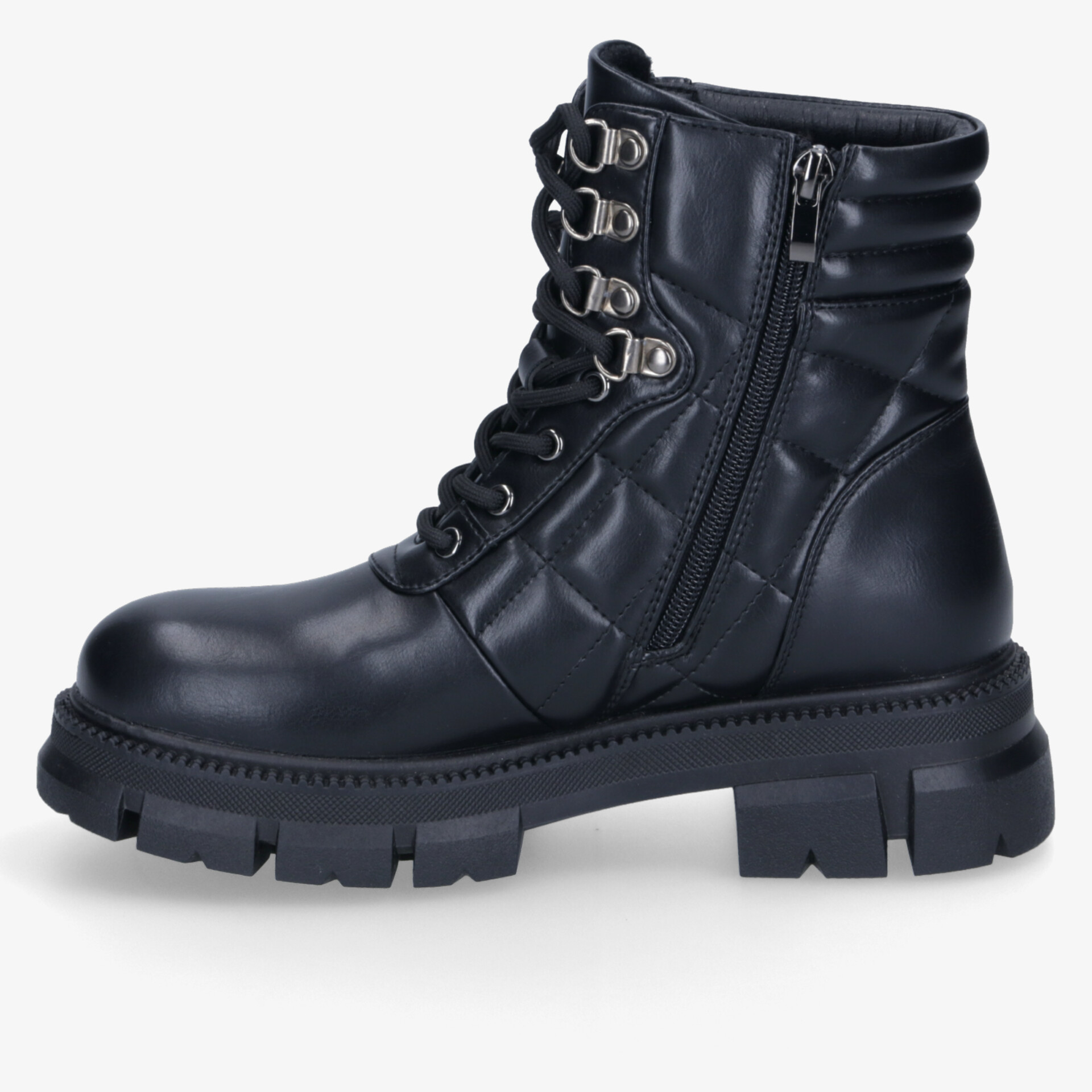 Robuste schwarze Boots mit Schnürung und Reißverschluss für bequemen Halt und stilvolles Design.