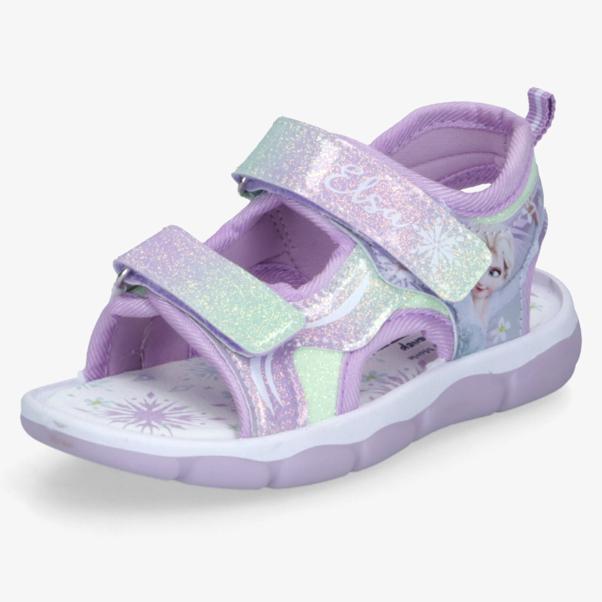Lila Kinder-Sandale mit schimmerndem Design, verstellbaren Klettverschlüssen und bequemer, flexibler Sohle