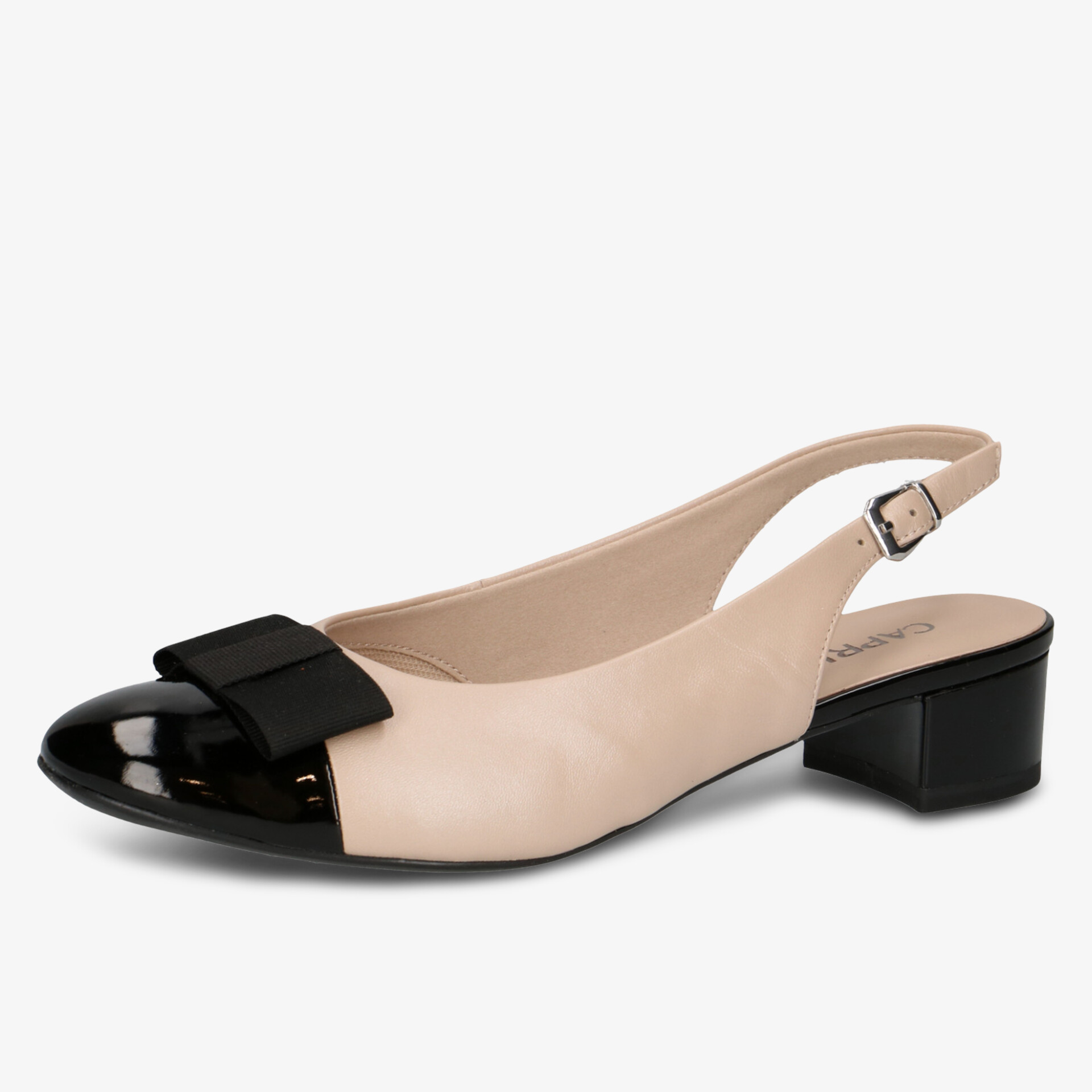 Eleganter Schuh mit bequemem Blockabsatz und verstellbarem Riemen, zweifarbig in Beige und Schwarz mit Lackoptik