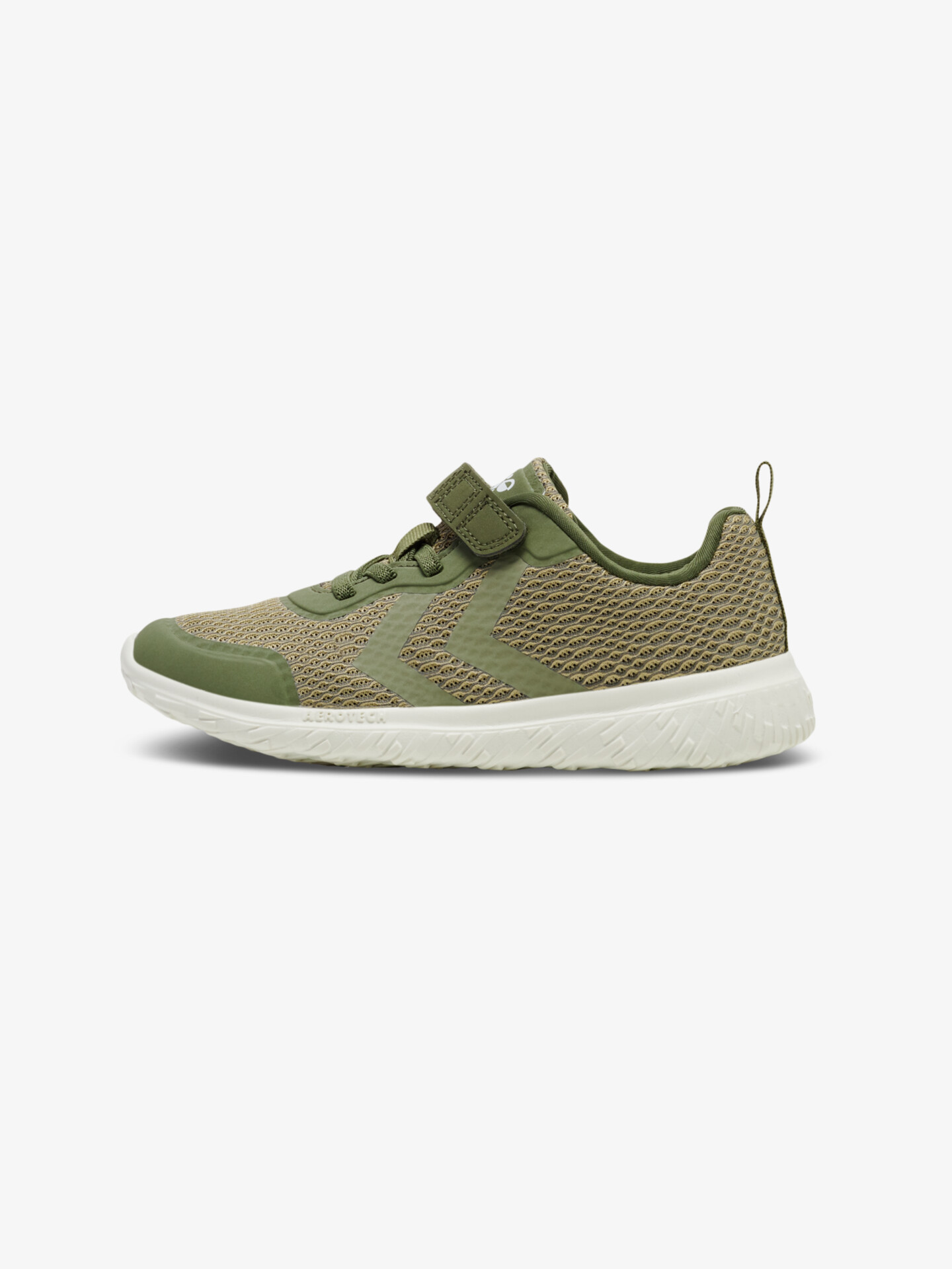 Grüner Sneaker mit Klettverschluss und bequemer weißer Sohle, seitliche Ansicht