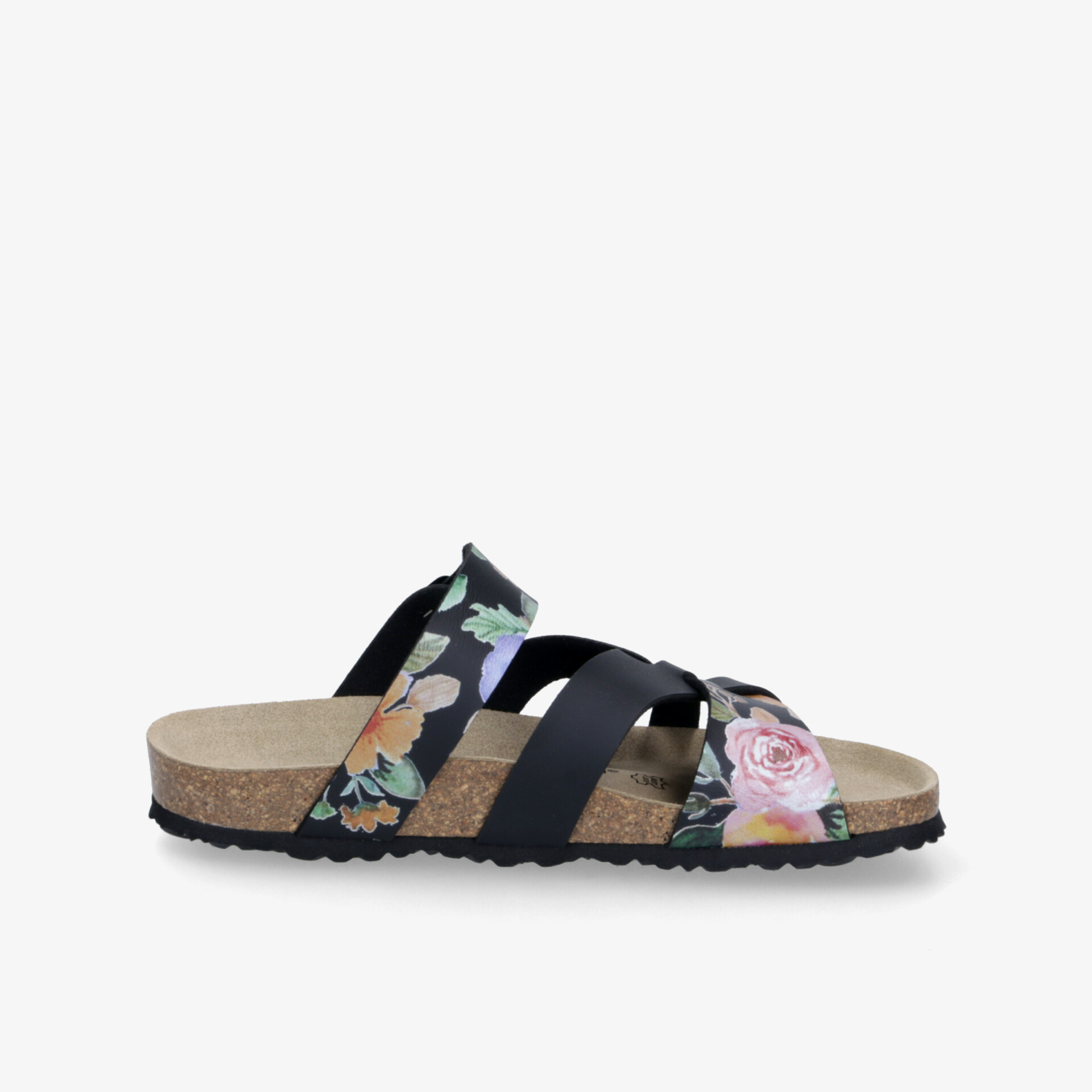 Seitenansicht einer bequemen Sandalette mit floralem Muster, gepolsterter Sohle und verstellbaren Riemen