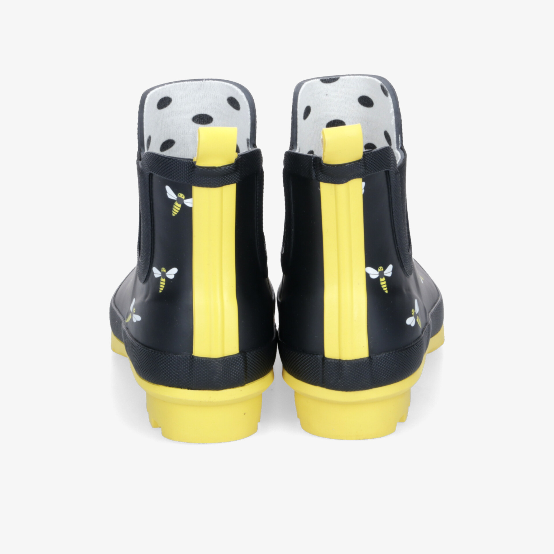 Robuste Gummistiefel mit gelbem Absatz und hohem Schaft in perfekter Rückansicht, wasserdicht und rutschfest