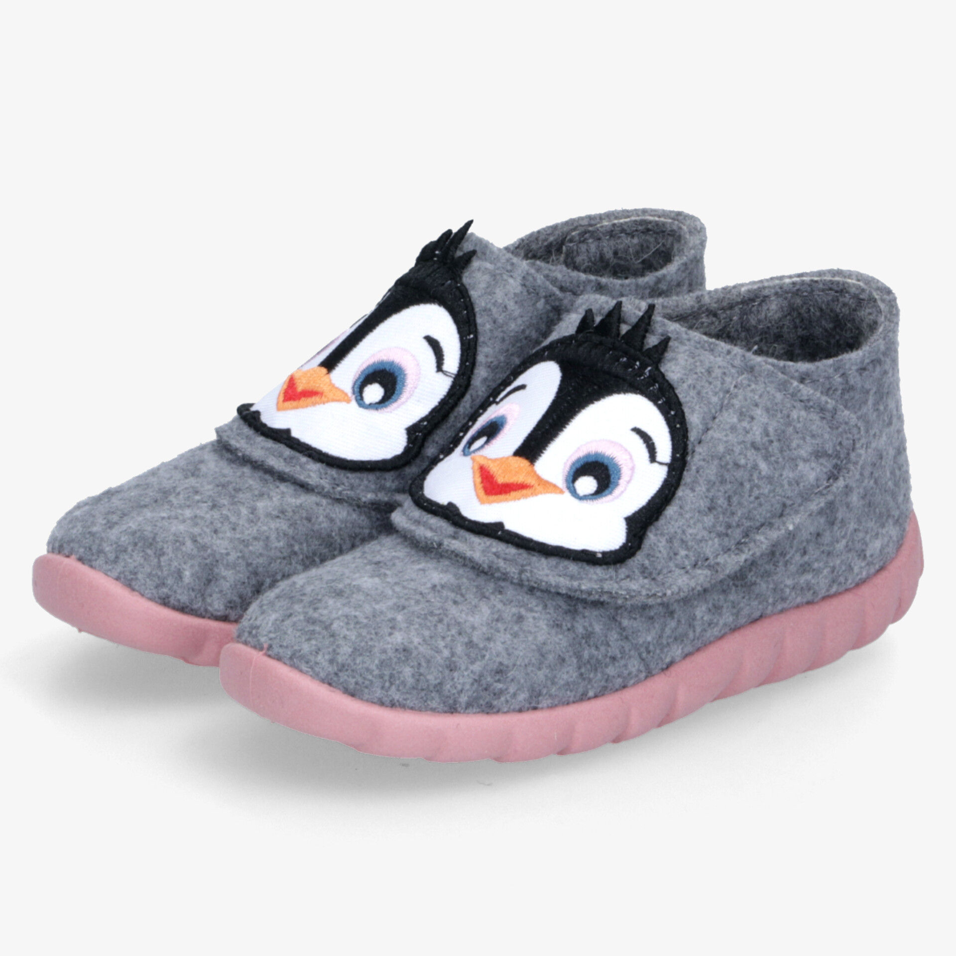 Graue Hausschuhe mit weichem Material und niedlichem Pinguin-Motiv, bequeme Passform und rutschfester rosa Sohle