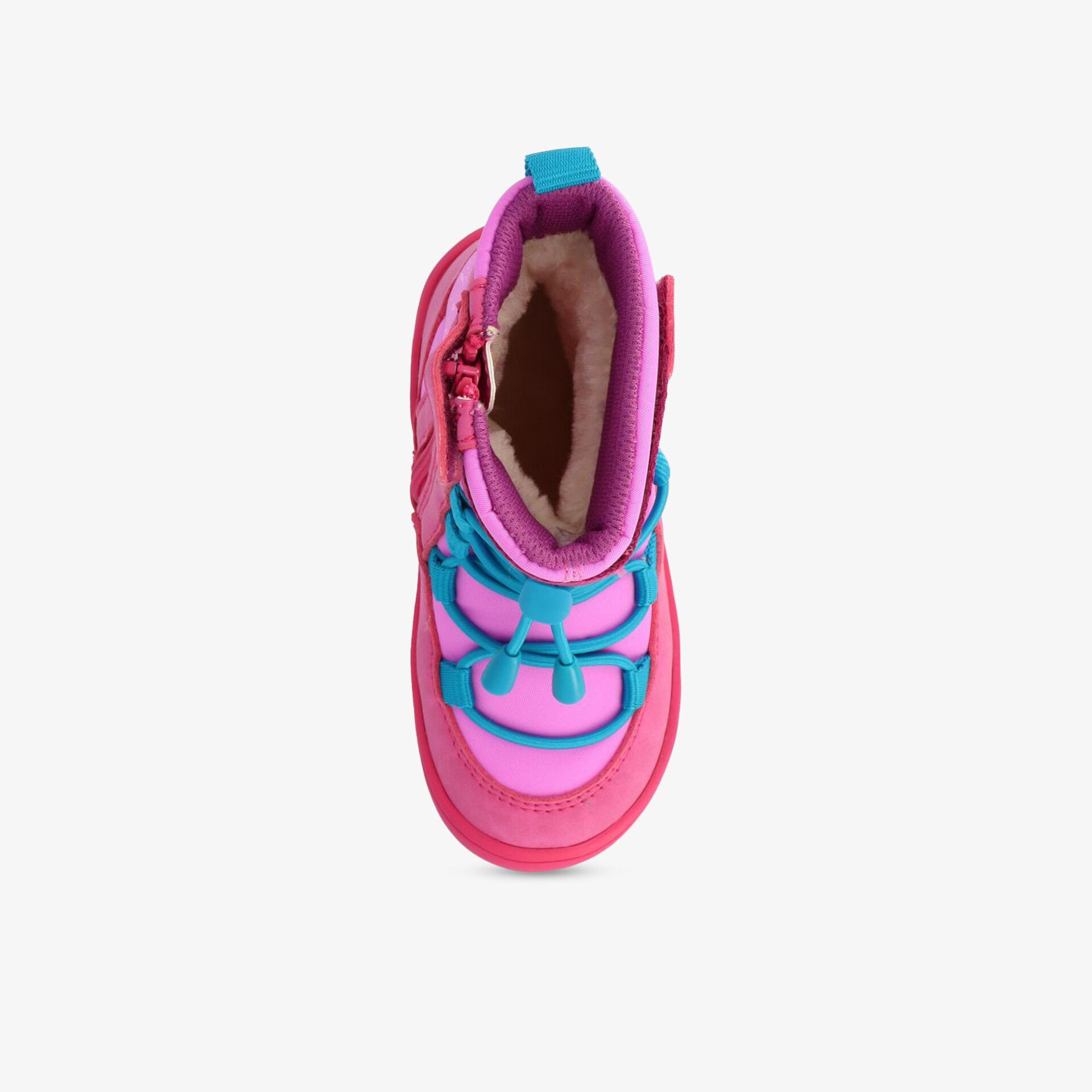 Robuster Kinderschuh in Pink und Blau mit warmer Polsterung und rutschsicherer Sohle in Draufsicht