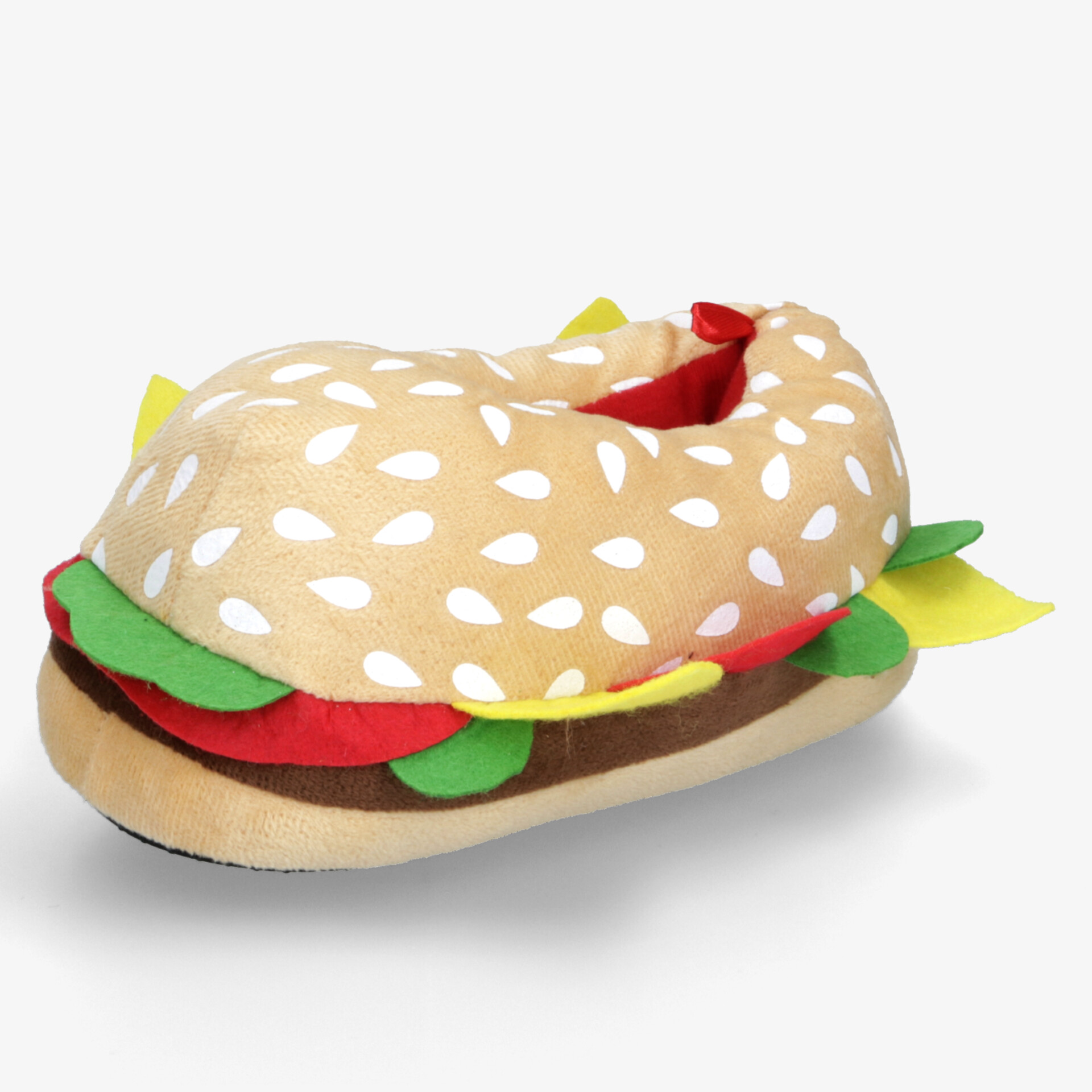 Weicher Kuschelschuh in Hamburger-Form mit gemütlichem Innenfutter und auffälligem, lustigem Design