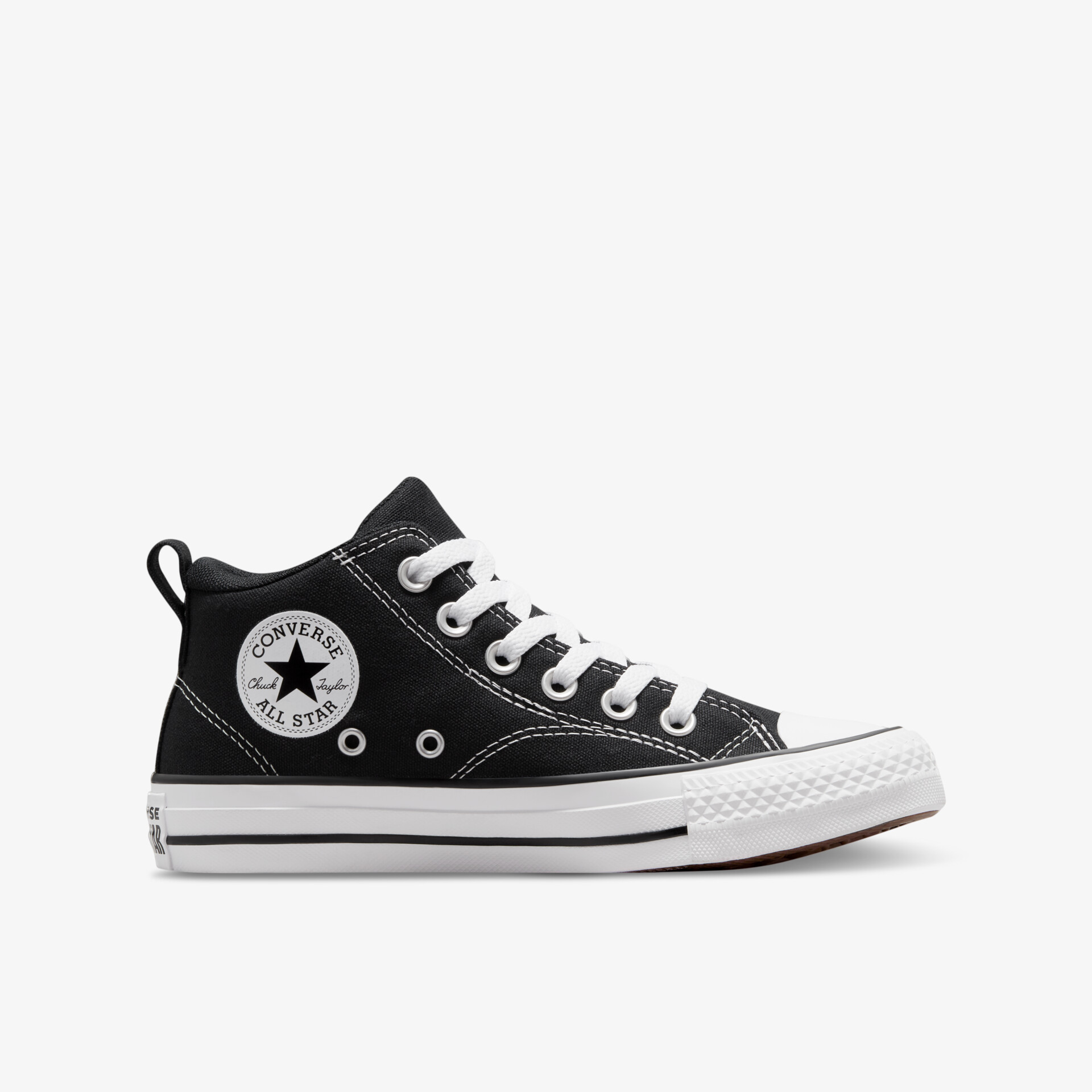 Schwarzer High-Top Sneaker mit weißer Sohle und Schnürsenkeln, seitlich abgebildet.