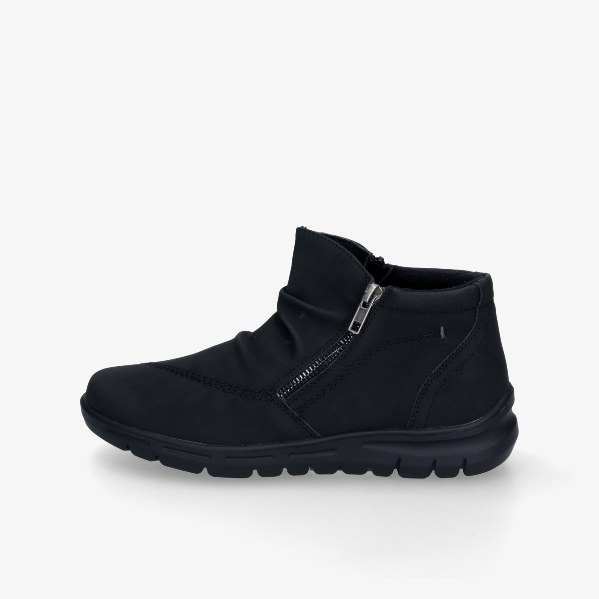 Leichter schwarzer sportlicher Schuh mit flexiblem Material und seitlichem Reißverschluss für bequemen Sitz