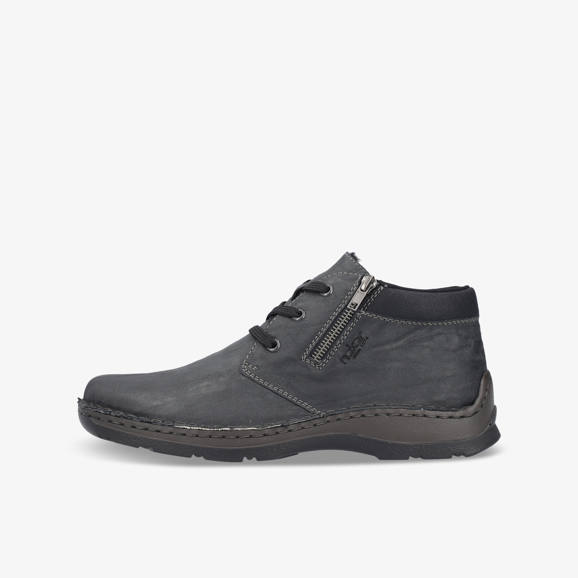 Robuster Schuh mit seitlichem Reißverschluss und rutschfester Sohle, komfortabel und modern gestaltet, seitliche Ansicht