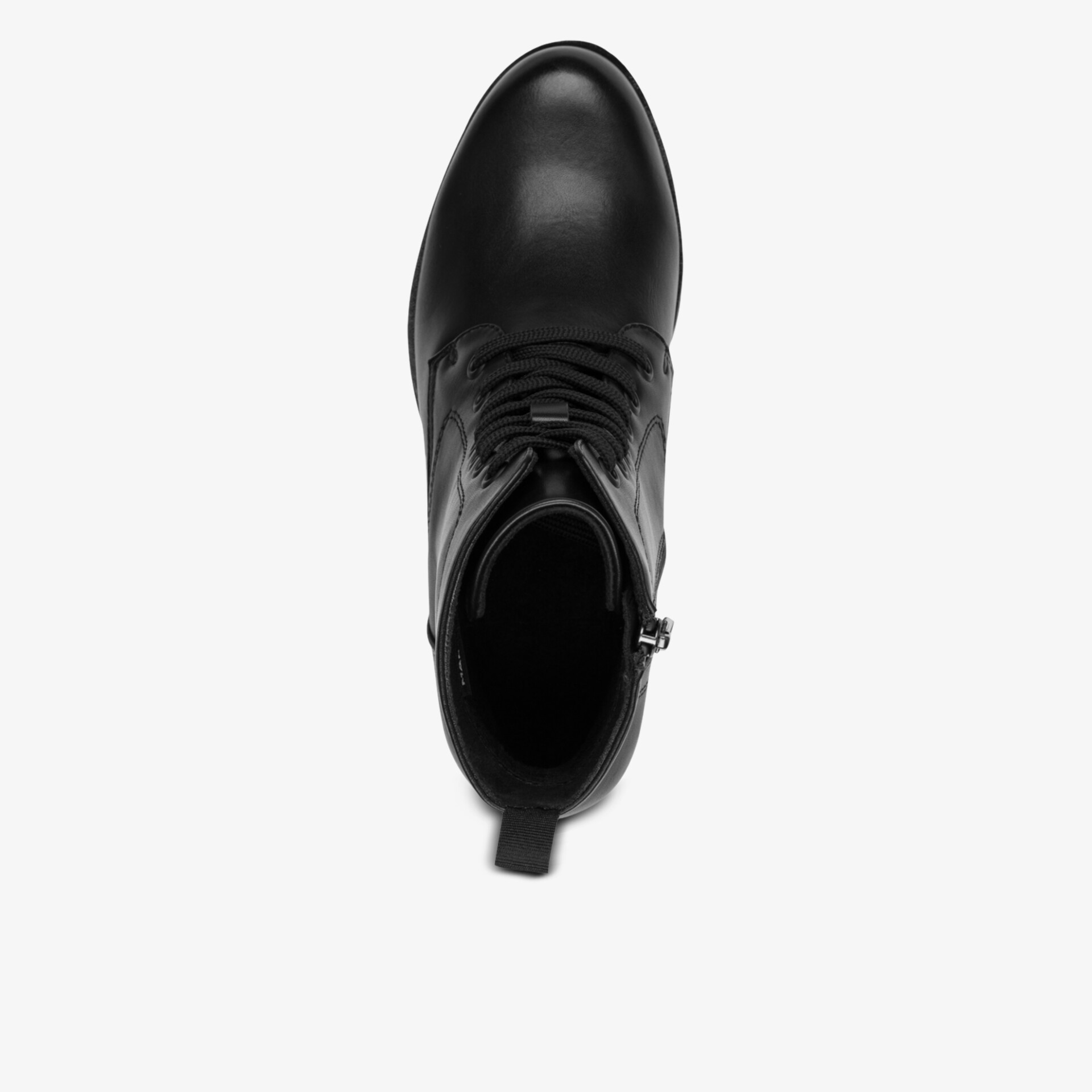 Schwarzer Lederstiefel mit Schnürung in robuster und eleganter Ausführung von oben fotografiert
