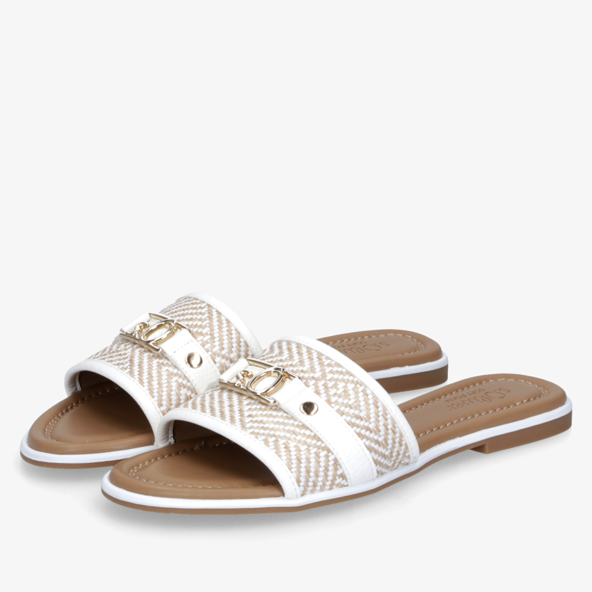 Leichte, bequeme Slides mit zwei Riemen und dekorativen Schnallen, ideal für sommerlichen Komfort und Alltag