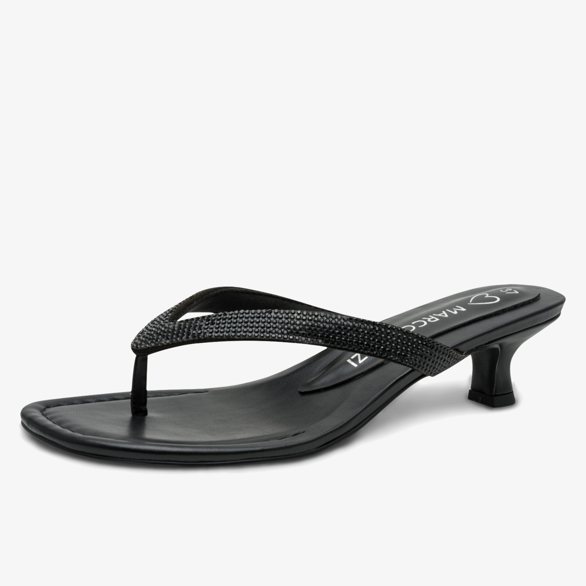 Schwarze Sandale mit elegantem kleinem Absatz und feinen Riemchen, modisch und bequem