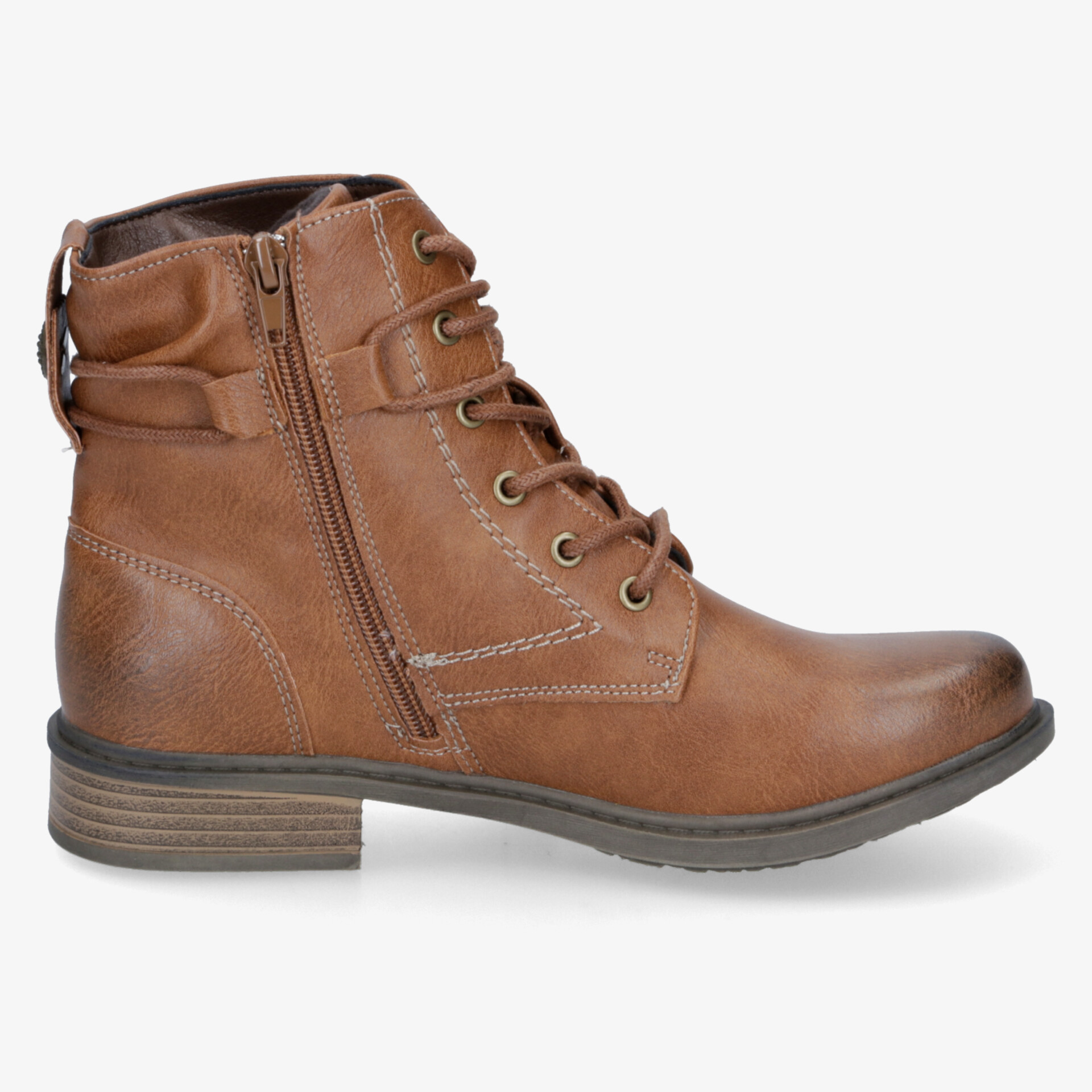 Moderner brauner Lederstiefel mit seitlichem Reißverschluss und Schnürung, bequem und robust