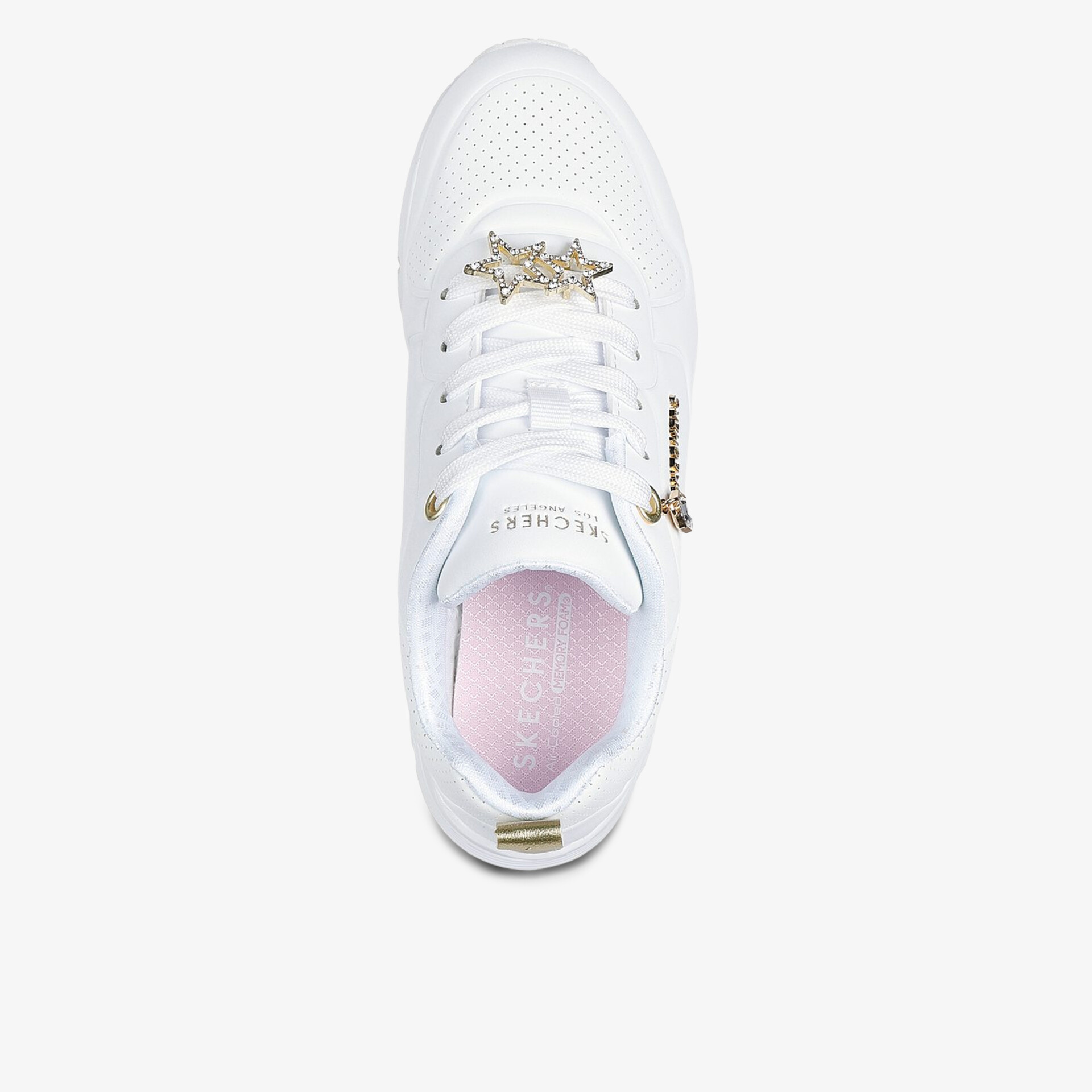 Moderner weißer Schuh mit dekorativen Elementen von oben