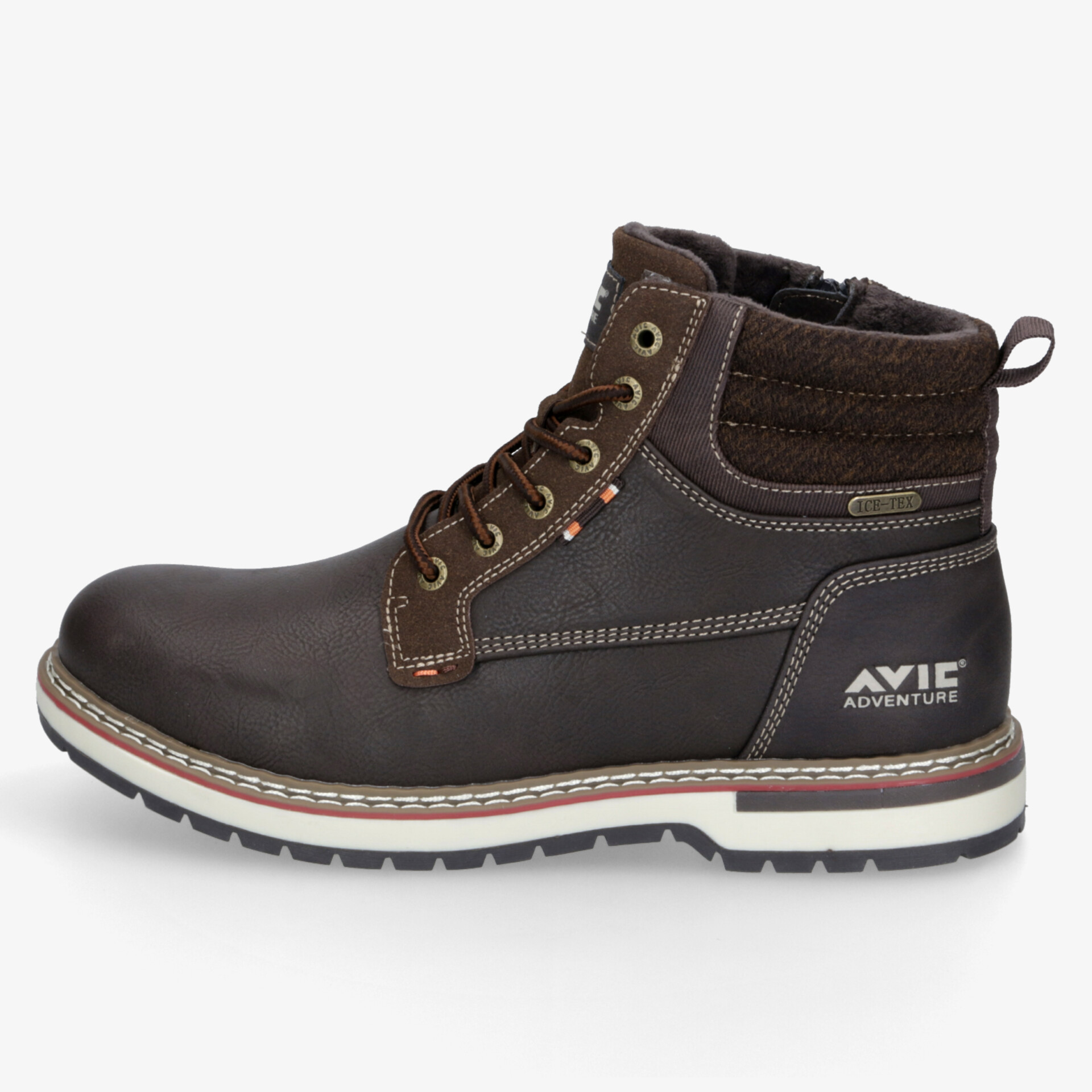 Robuster brauner Arbeitsstiefel mit gepolstertem Knöchelbereich und rutschfester Sohle in klarer Seitenansicht