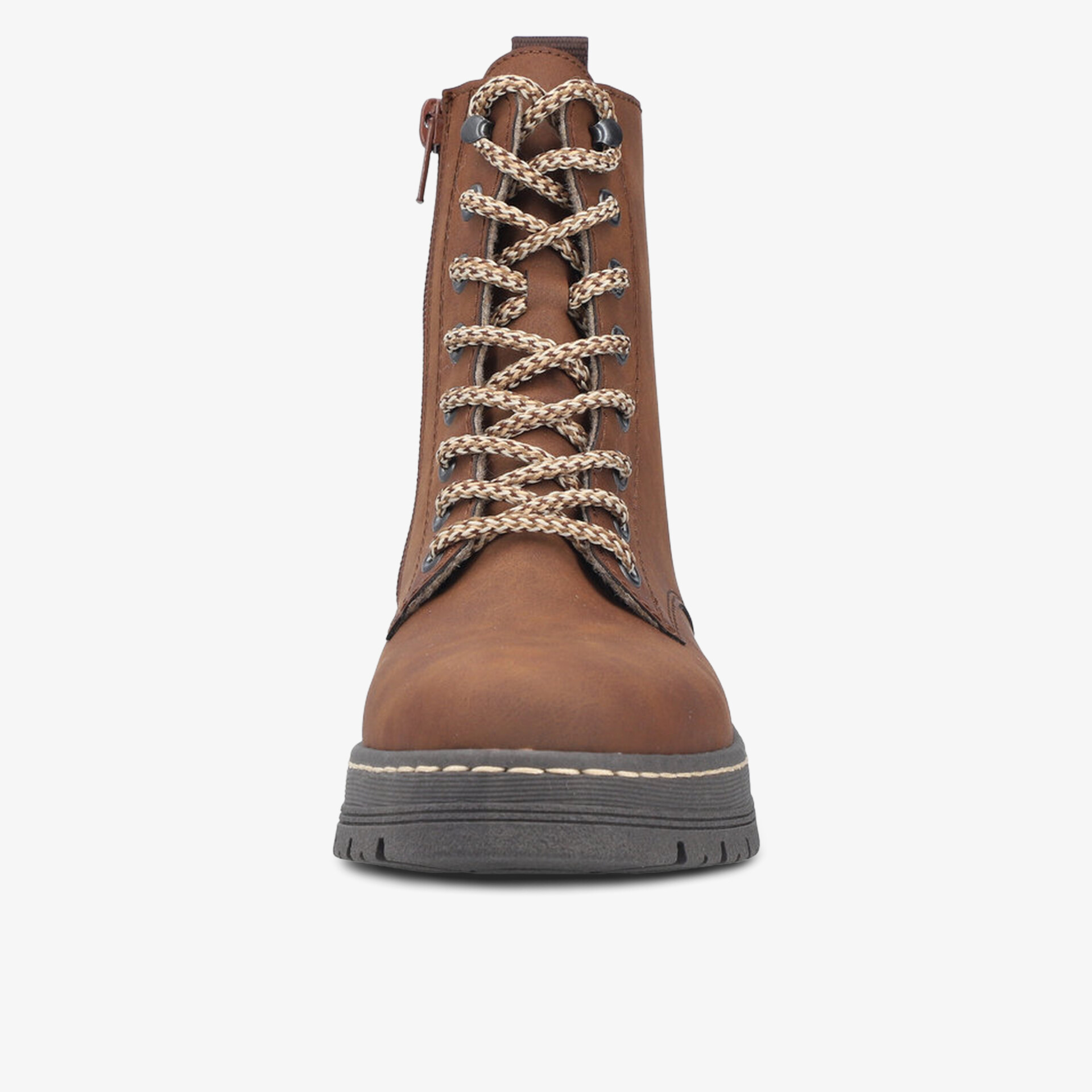 Robuster Schuh mit langlebiger Schnürung und profilierter Sohle, klare Frontansicht