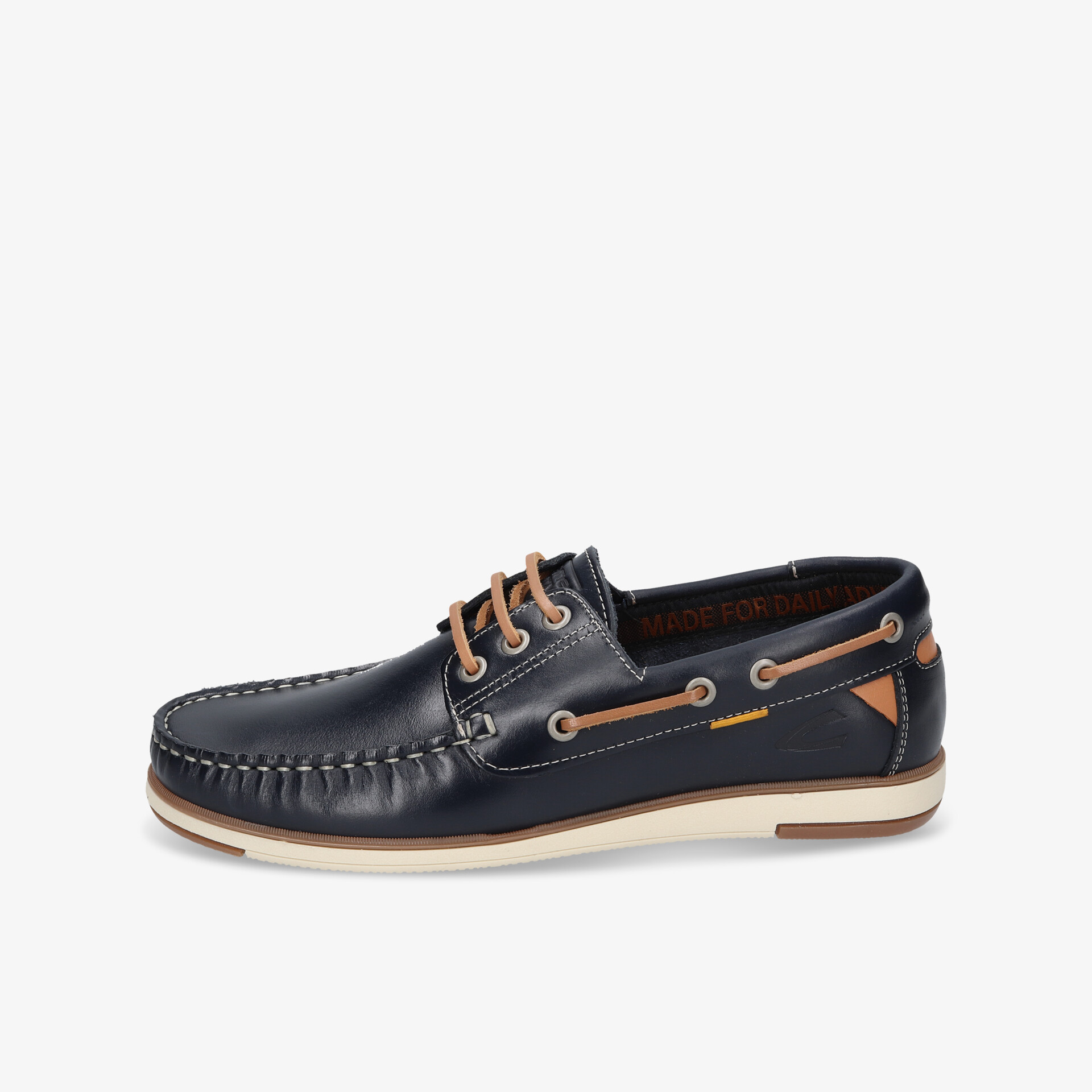 Eleganter navyblauer Lederschuh mit Komfortprofil, rutschfester Sohle und modischer Schnürung, seitliche Ansicht