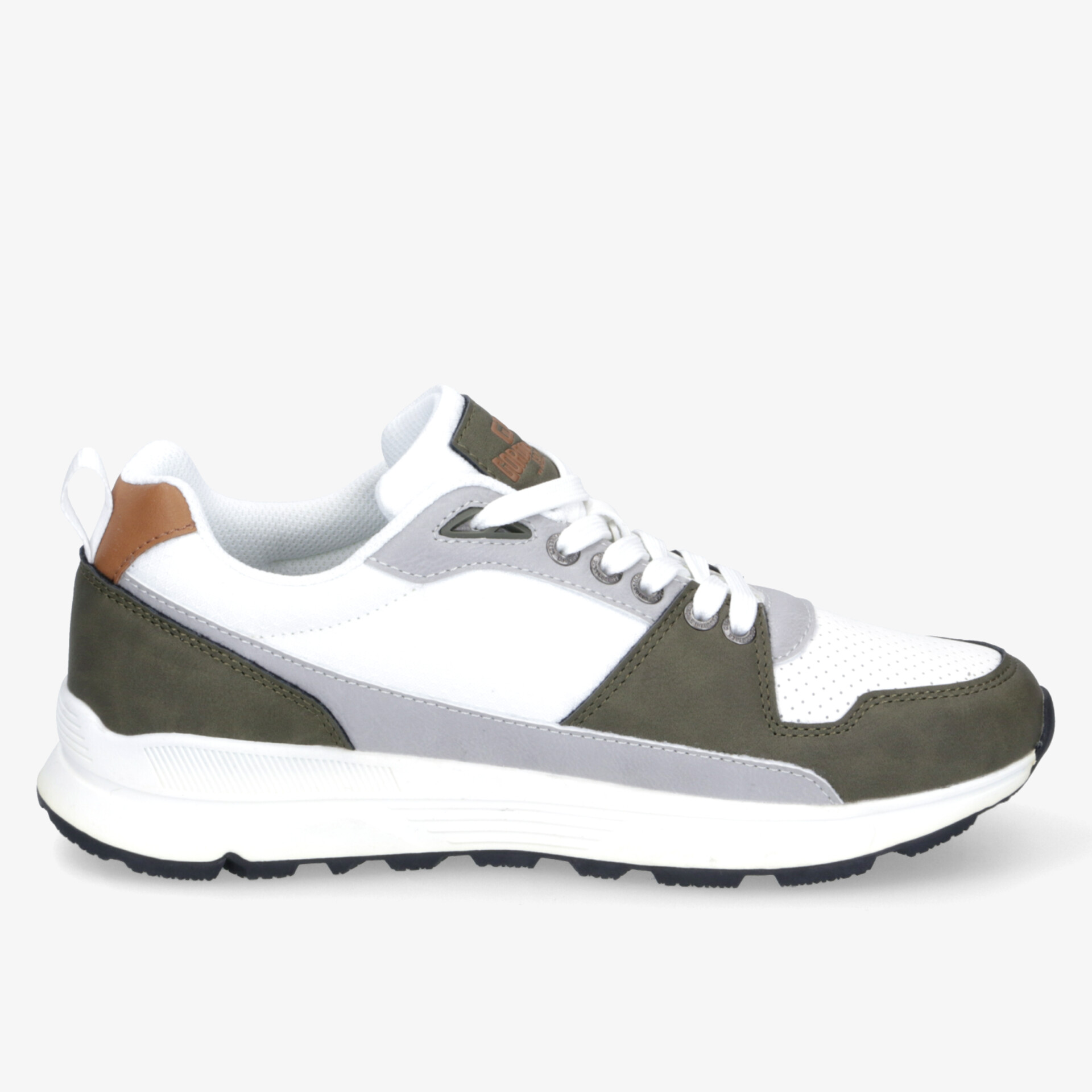 Weißer Sneaker mit grünem und braunem Akzent, strapazierfähige Sohle und modisches, sportliches Design