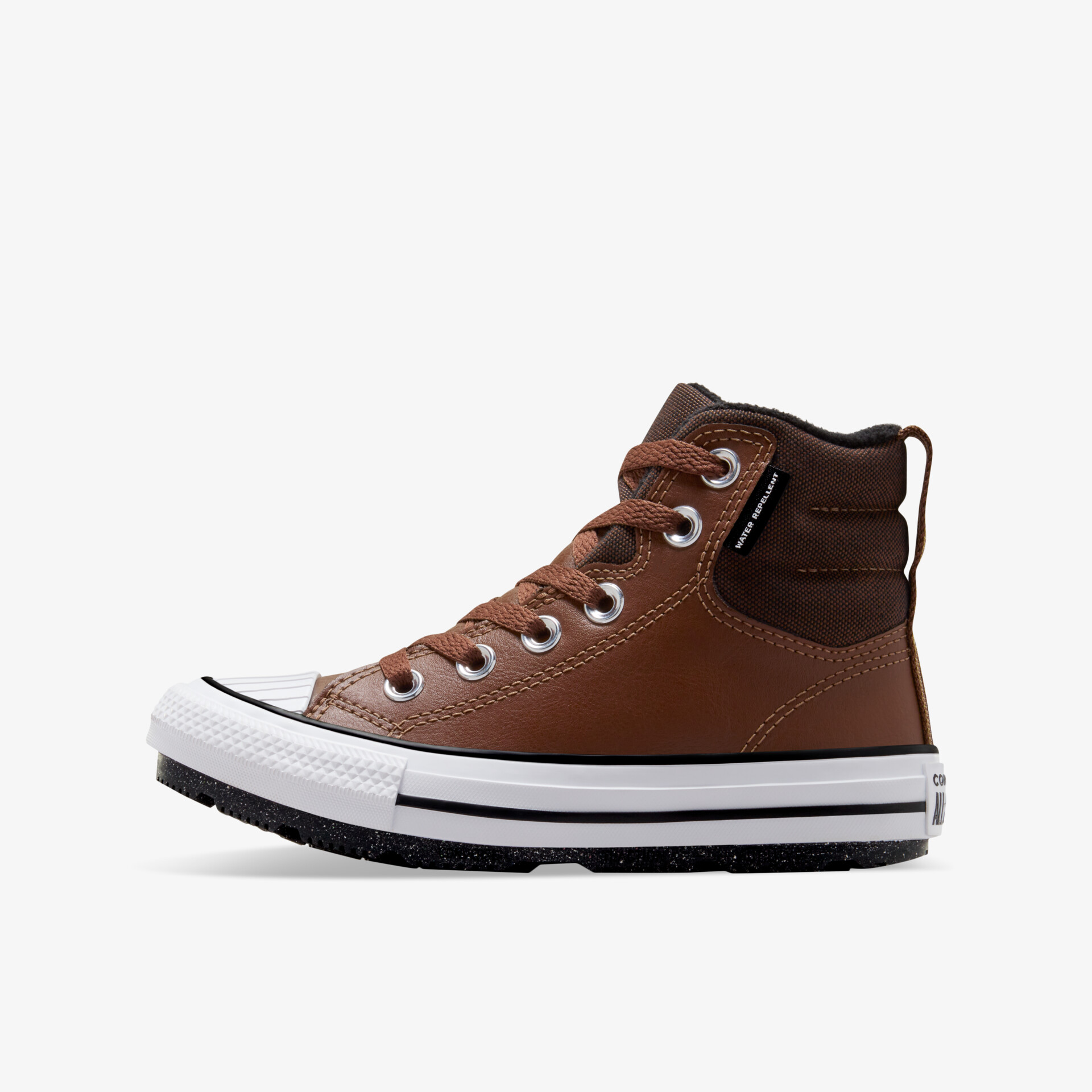 Seitliche Ansicht eines braunen, hochwertigen High-Top-Sneakers mit robuster Sohle und komfortabler Polsterung