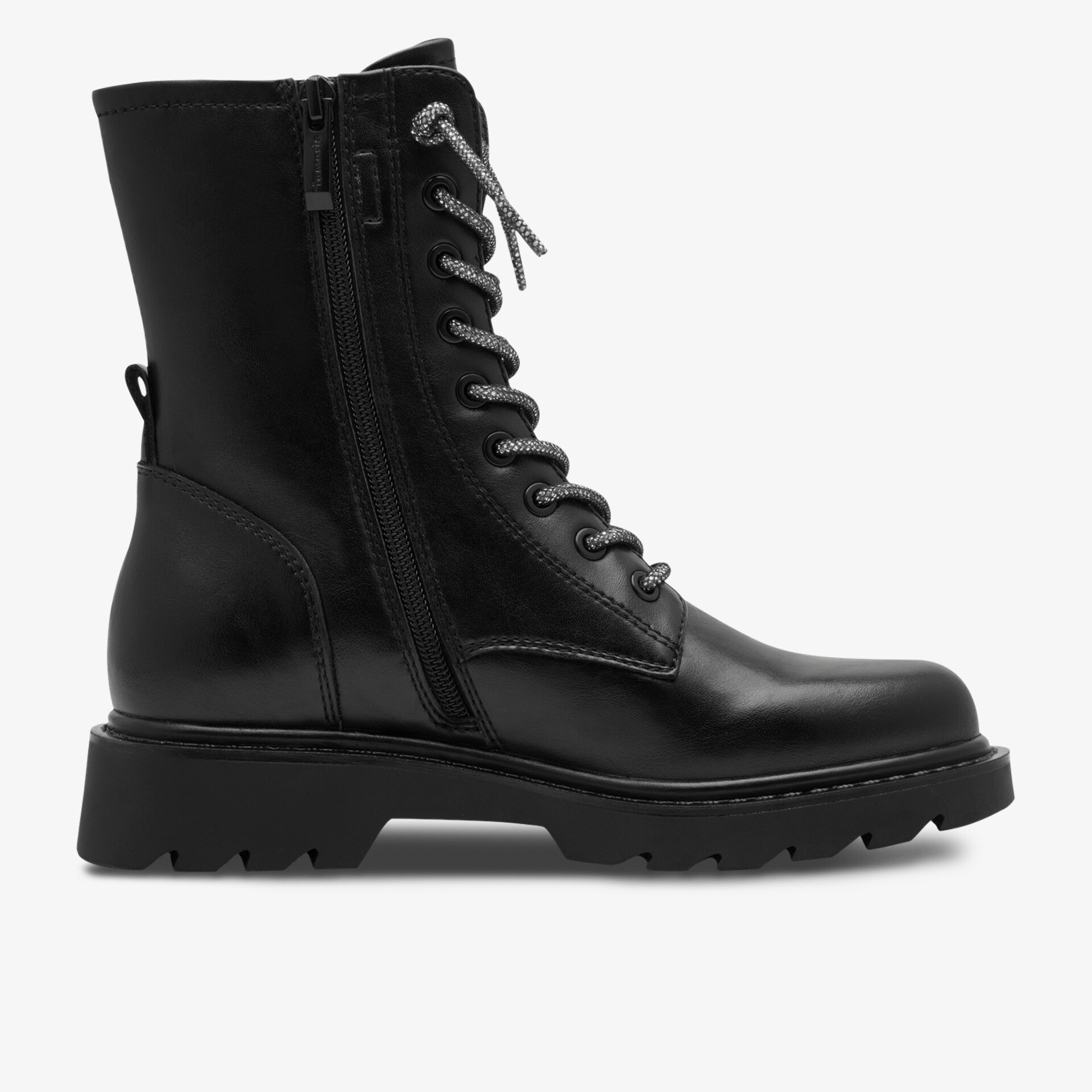 Robuster schwarzer Schnürstiefel mit seitlichem Reißverschluss und profilierter Sohle aus glattem Leder