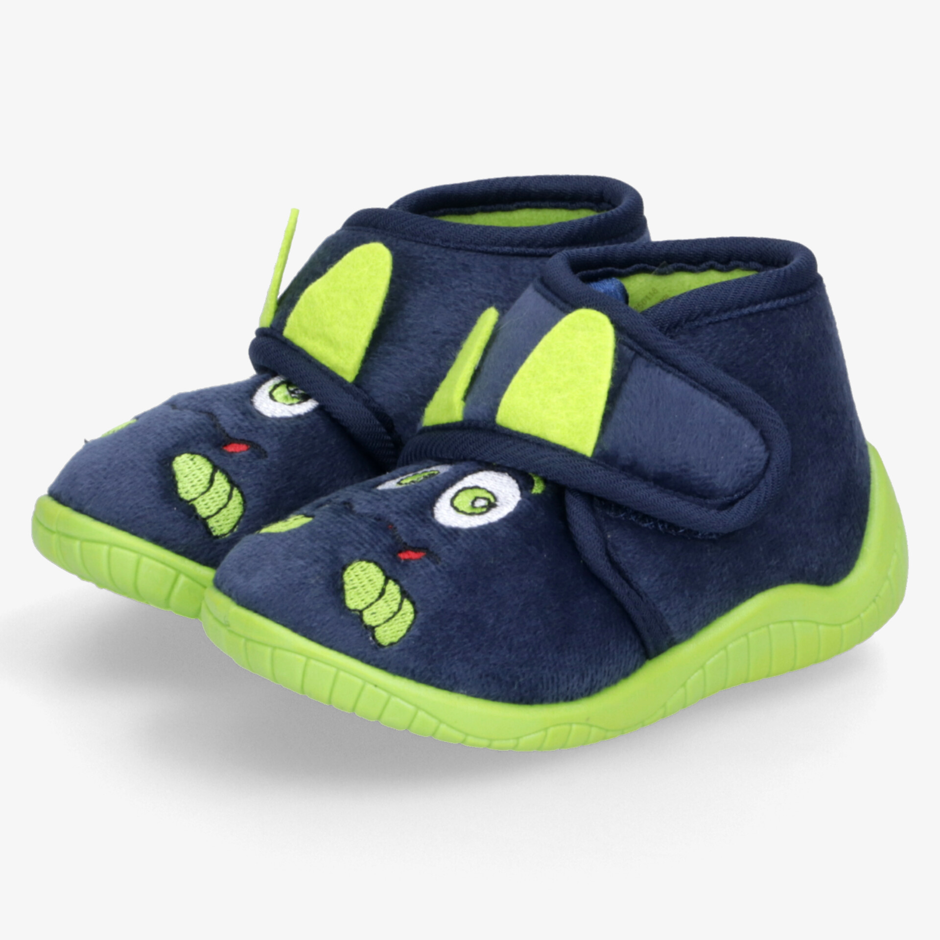 Bequeme Kinderhausschuhe mit weicher Fütterung, praktischen Klettverschlüssen und rutschfester Sohle in blau und grün