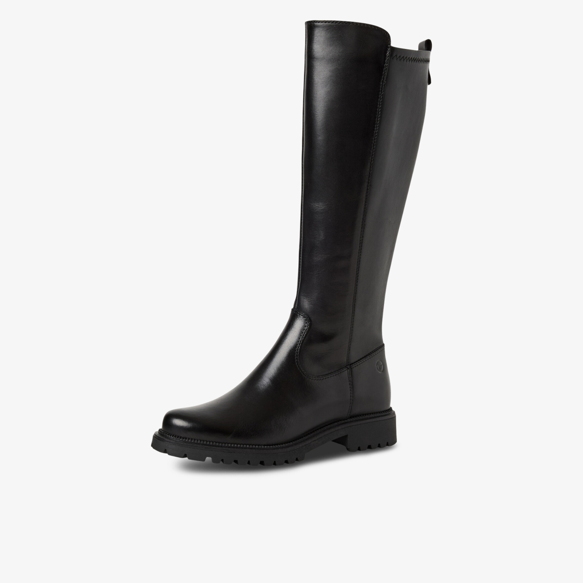 Moderner schwarzer hoher Stiefel aus Glattleder mit praktischem Reißverschluss und robustem Absatz