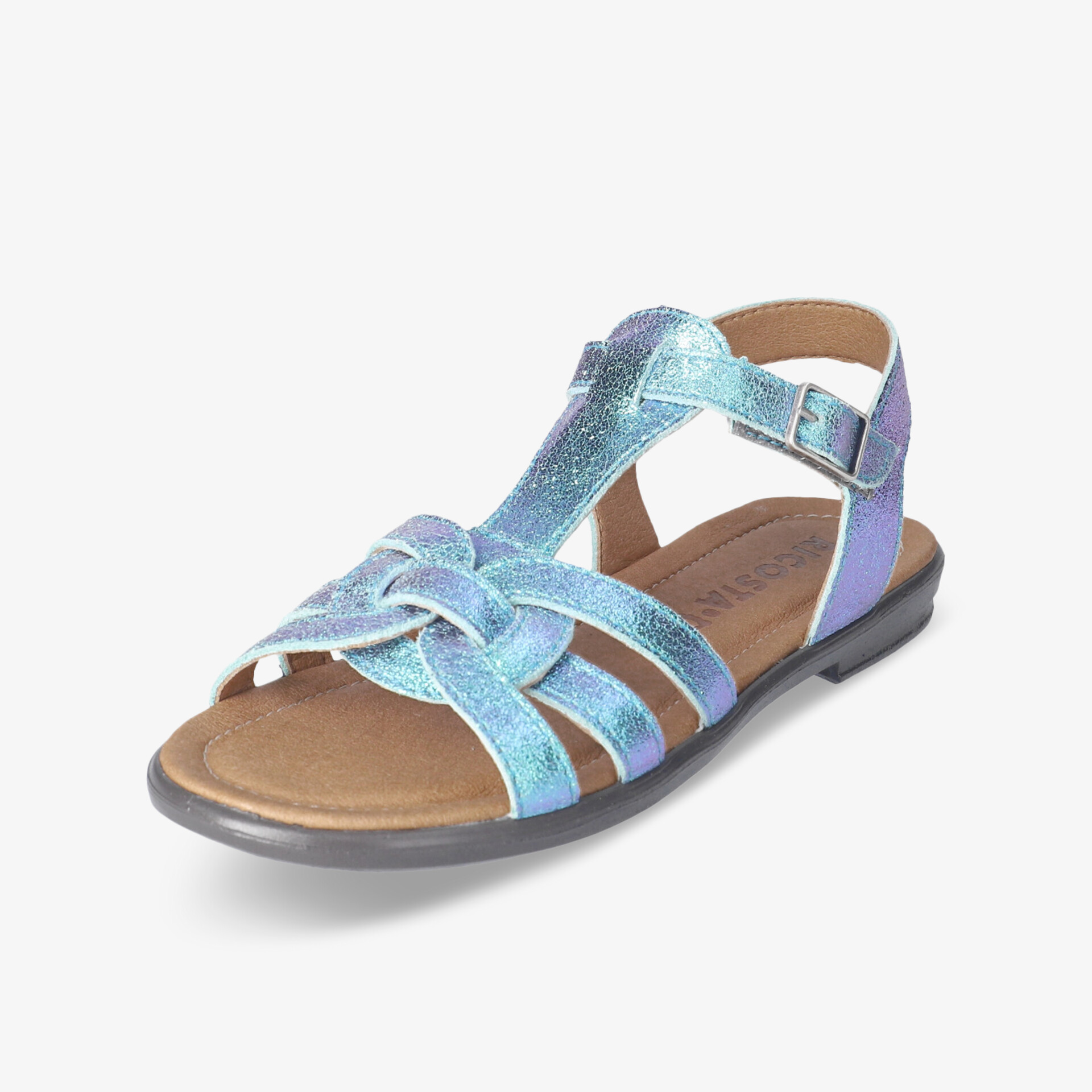 Modische blaue Sandale mit glänzender Oberfläche und verstellbaren Riemen für den perfekten Tragekomfort.