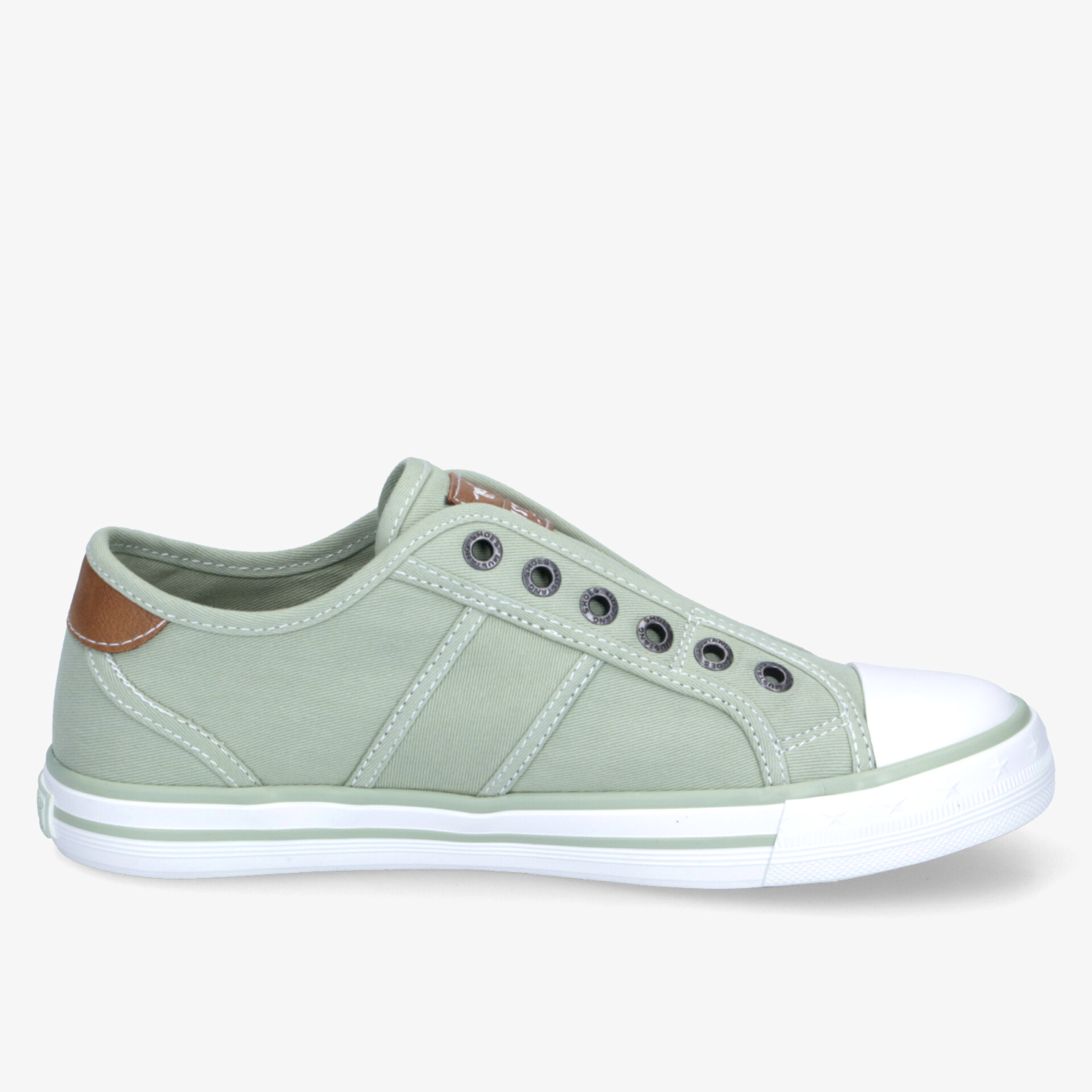 Leichter grüner Sneaker mit weißer Sohle und braunen Akzenten, seitliche Ansicht, sportlich und bequem