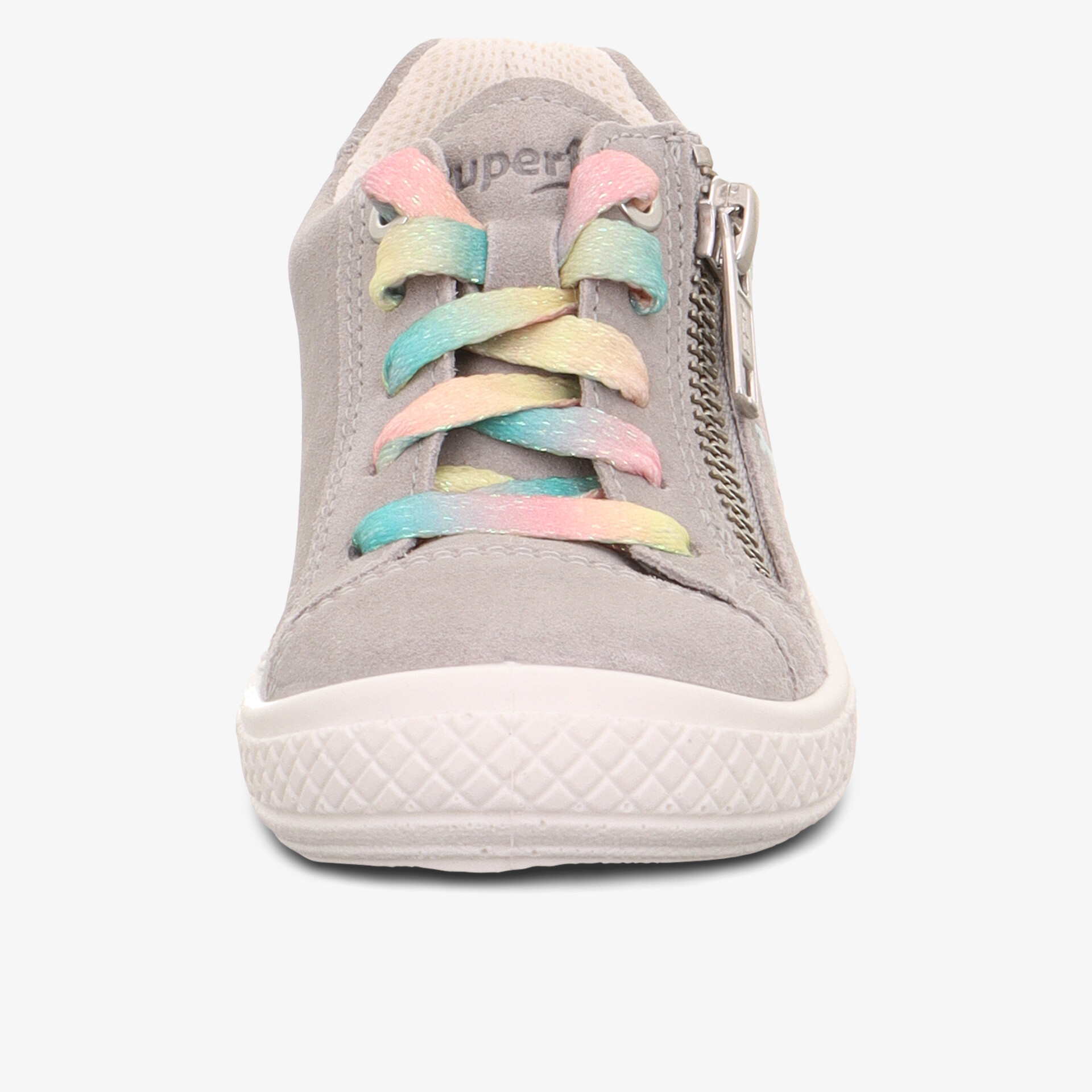 Bequemer Sneaker mit pastellfarbenen Schnürsenkeln und praktischem seitlichem Reißverschluss in Frontansicht