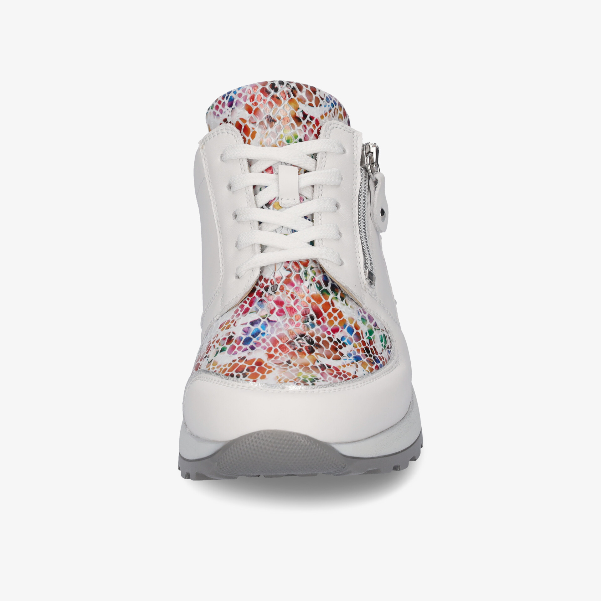 Sportschuh mit Reißverschluss und Schnürung vorne, bunte Muster, gepolsterter Schaft und robuste Sohle sichtbar