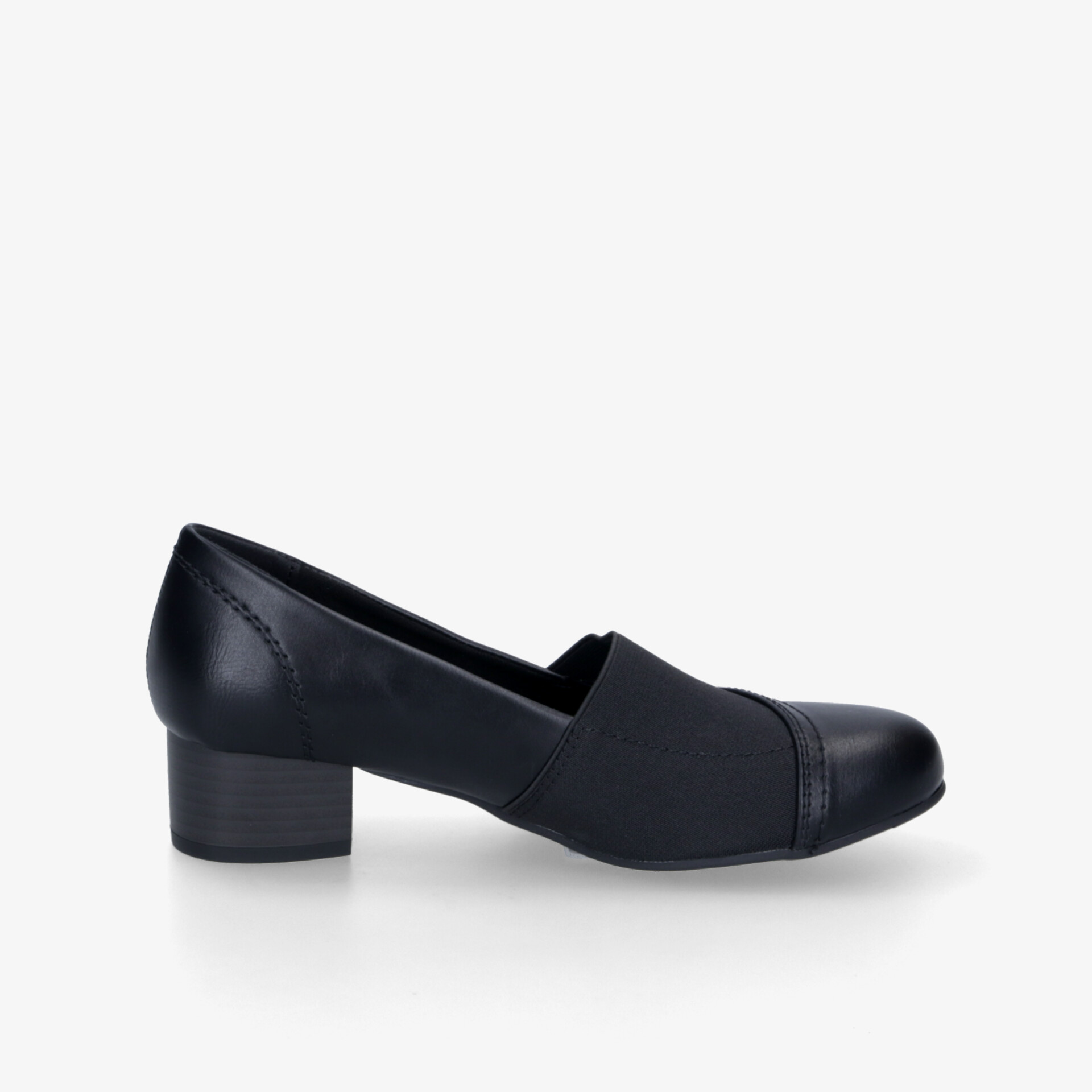 Schwarzer Schuh mit mittelhohem Absatz, ergonomisches Design und komfortable Passform, seitliche Ansicht