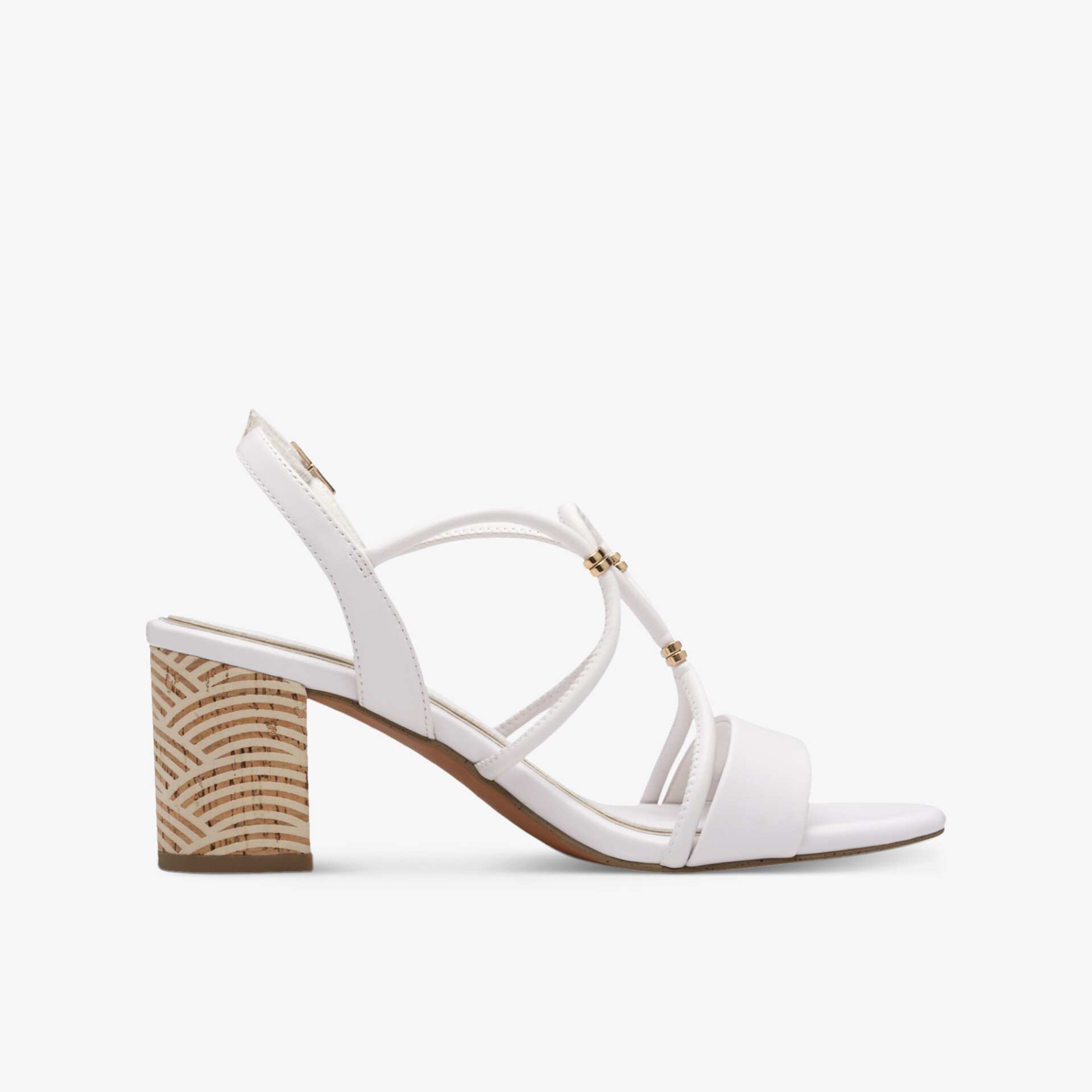 Weiße Riemchensandale mit elegantem mittelhohem Blockabsatz und goldenen Akzenten für stilvollen Komfort