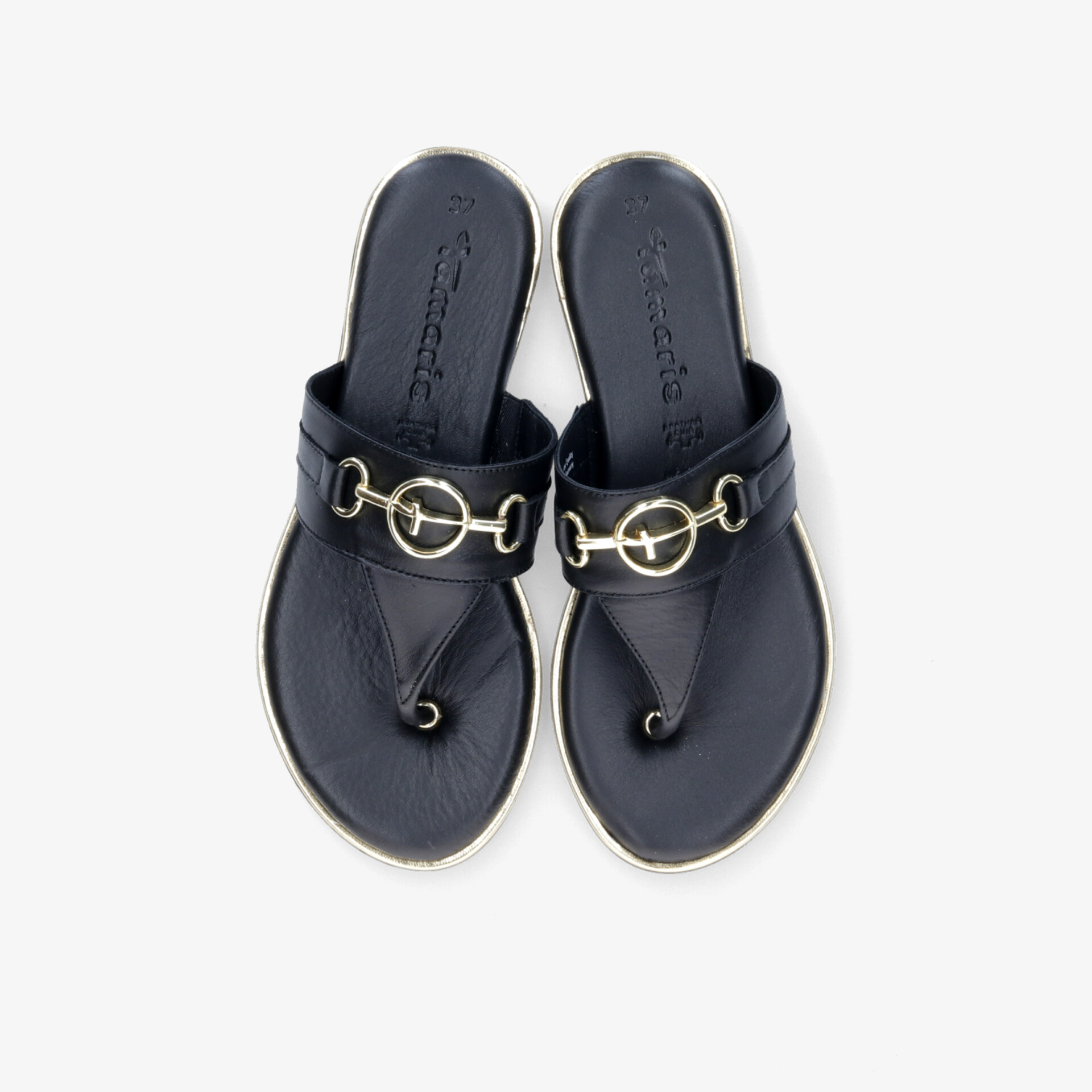 Elegante schwarze Sandalen mit weichem Fußbett, modischer goldener Applikation und robuster Sohle für hohen Tragekomfort