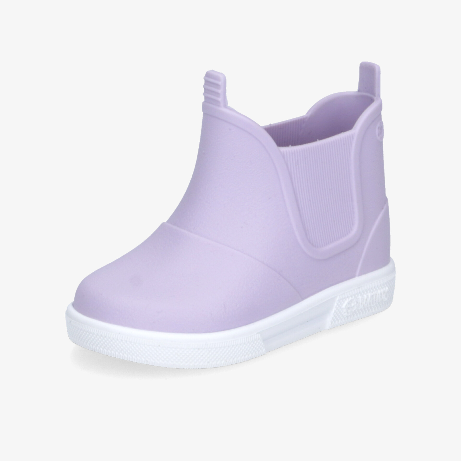 Leichter lila Gummistiefel mit elastischen Einsätzen und rutschfester weißer Sohle in klarer Frontansicht