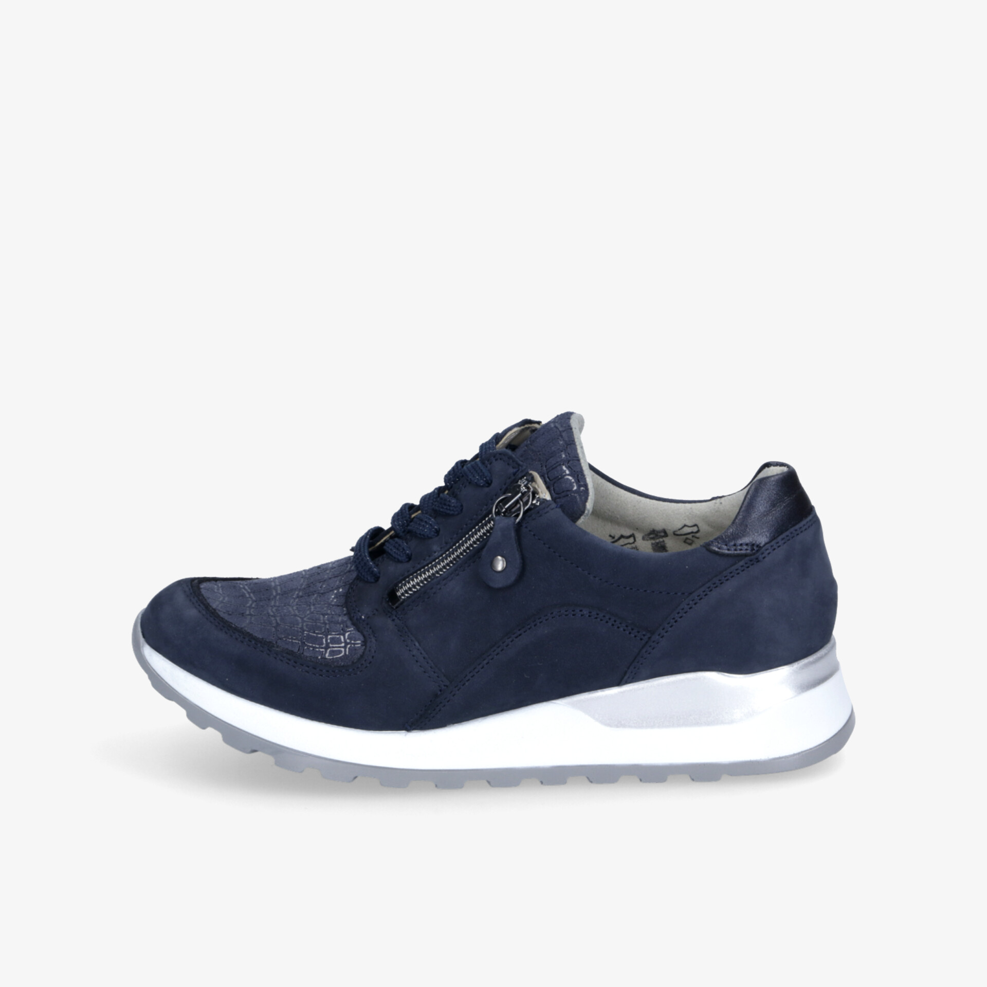 Seitliche Ansicht eines sportlichen blauen Sneakers mit bequemer Passform und rutschfester weißer Sohle