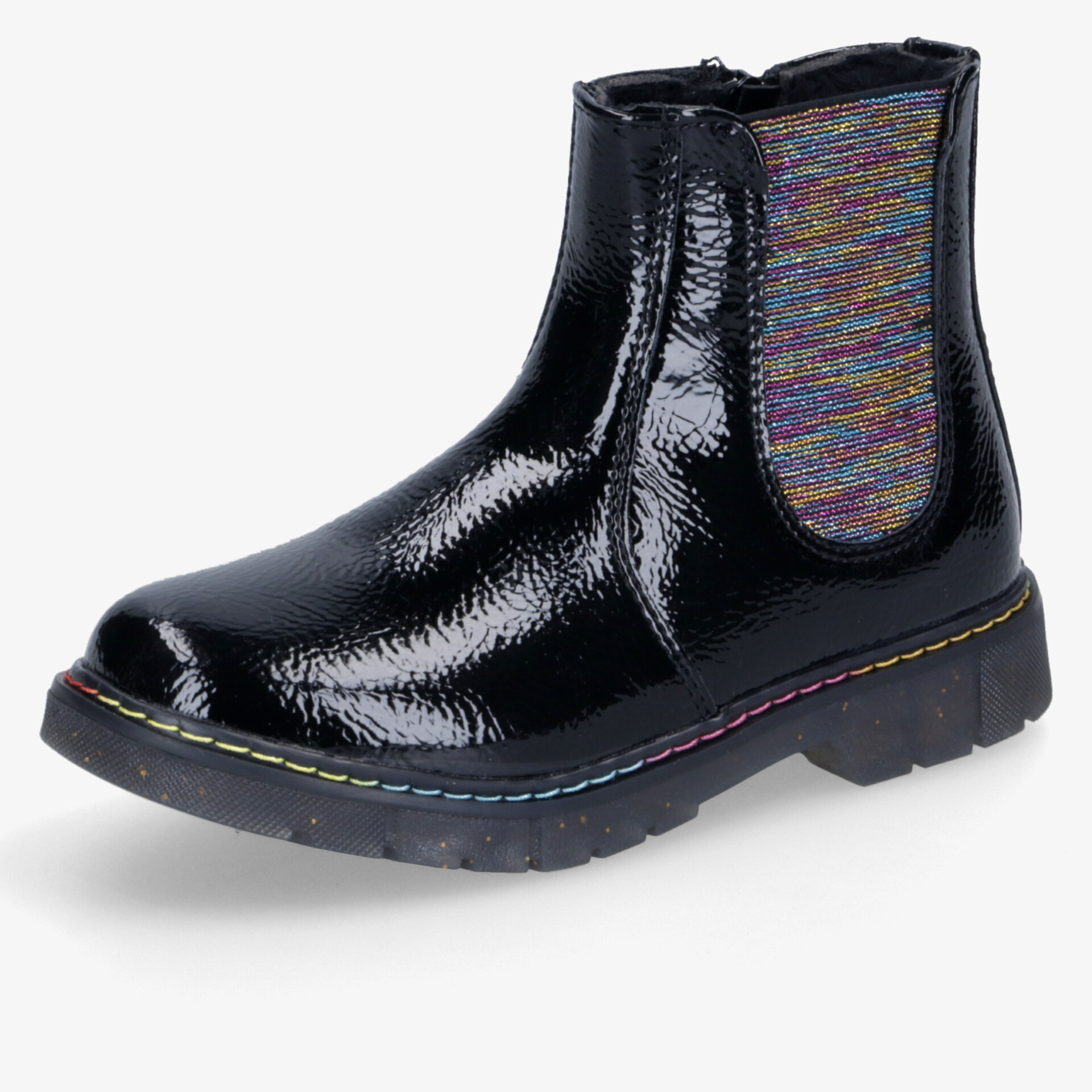 Eleganter schwarzer Chelsea Boot mit glänzender Lederoptik, elastischen Seiteneinsätzen und robuster rutschfester Sohle