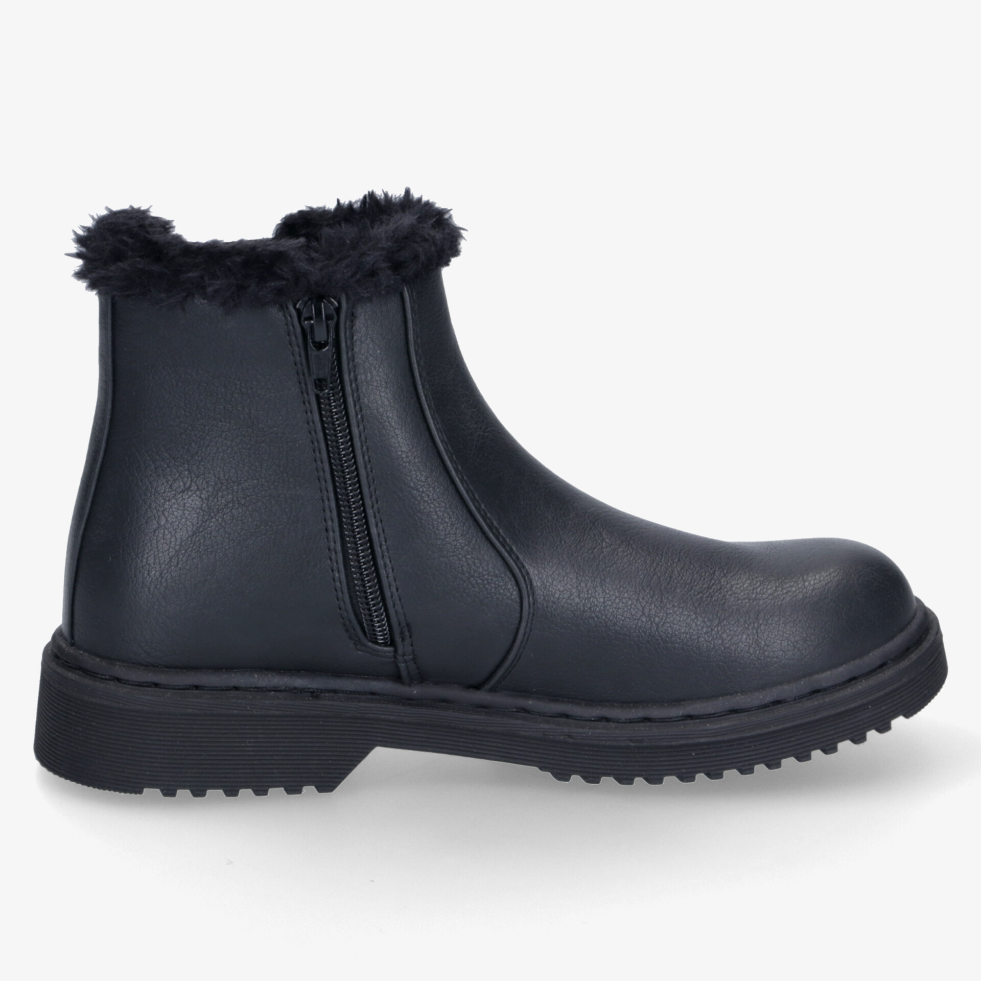 Schwarzer Winterboot mit Fellfutter und Reißverschluss, ideal für kalte Tage, bietet Komfort und Rutschfestigkeit.
