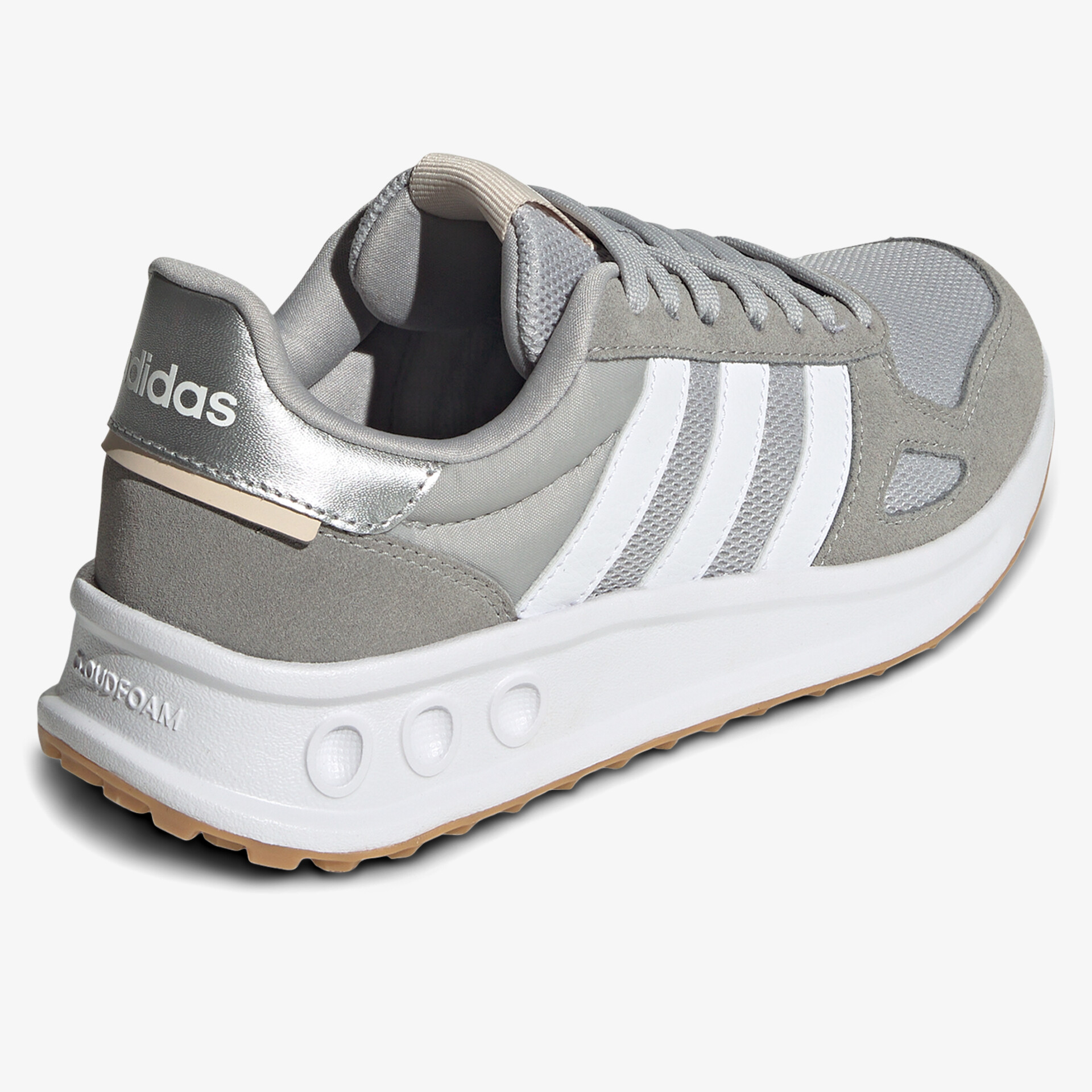 Modischer grauer Adidas Sneaker mit weißer Sohle und markanten Streifen, seitliche Ansicht