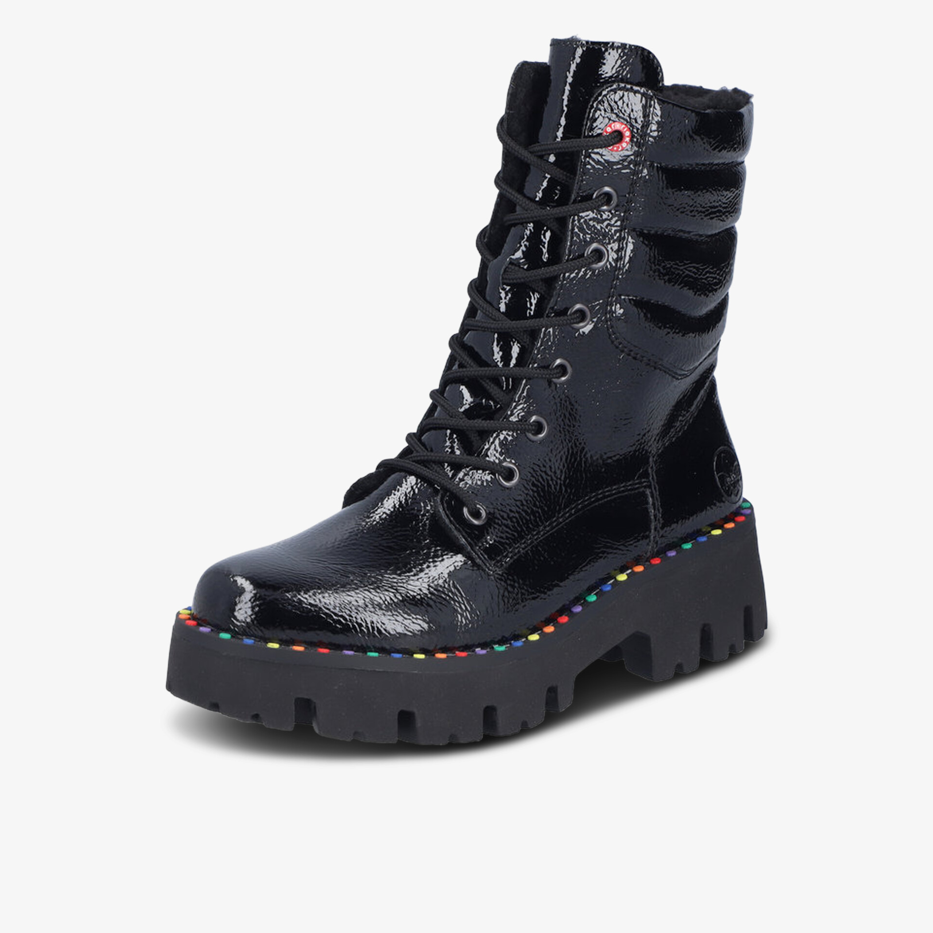 Robuster schwarzer Schnürstiefel mit glänzender Oberfläche und farbigen Details am Absatz