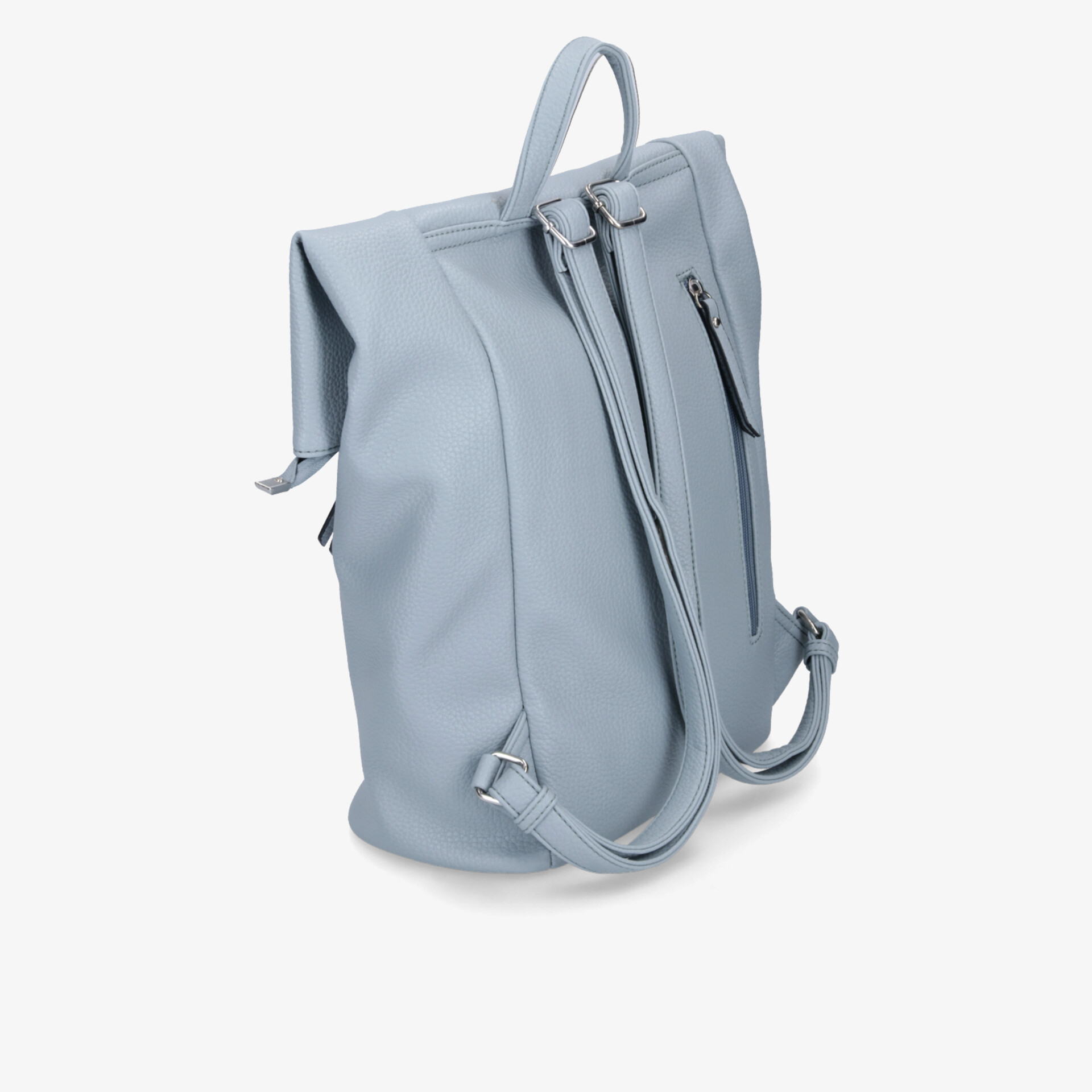Moderner grauer Rucksack seitlich mit Reißverschluss und verstellbaren Trägern, leichter und eleganter Look