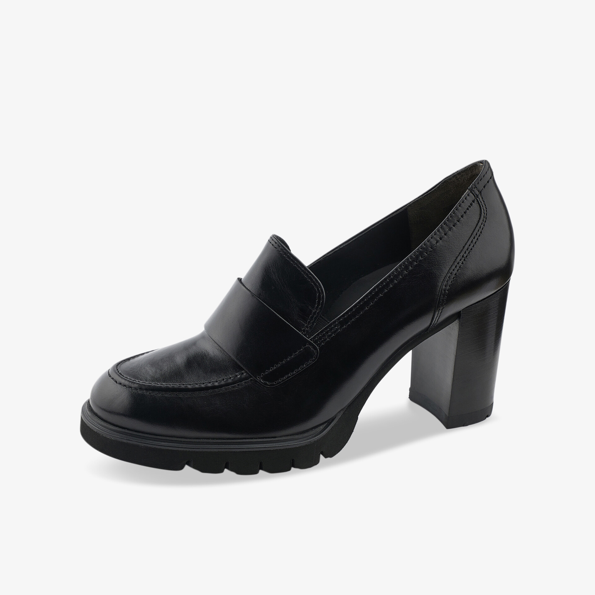 Eleganter schwarzer Loafer mit stabilem Blockabsatz und hochwertigem Leder für stilvolle Auftritte.